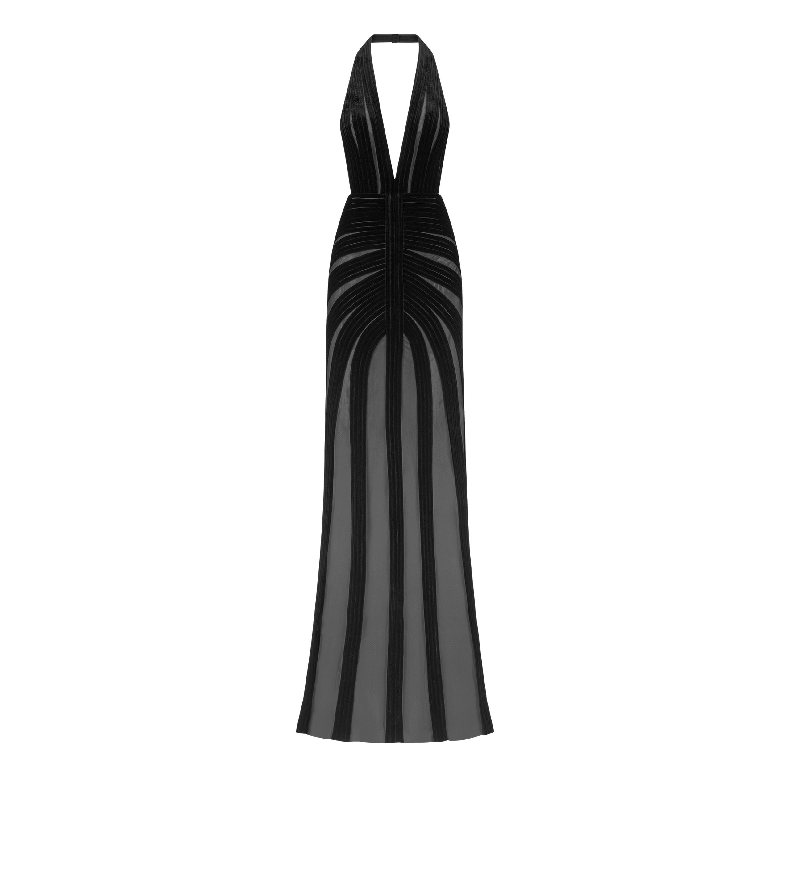 STRETCH TULLE WITH VELVET EMBROIDERY HALTERNECK EVENING DRESS - 1
