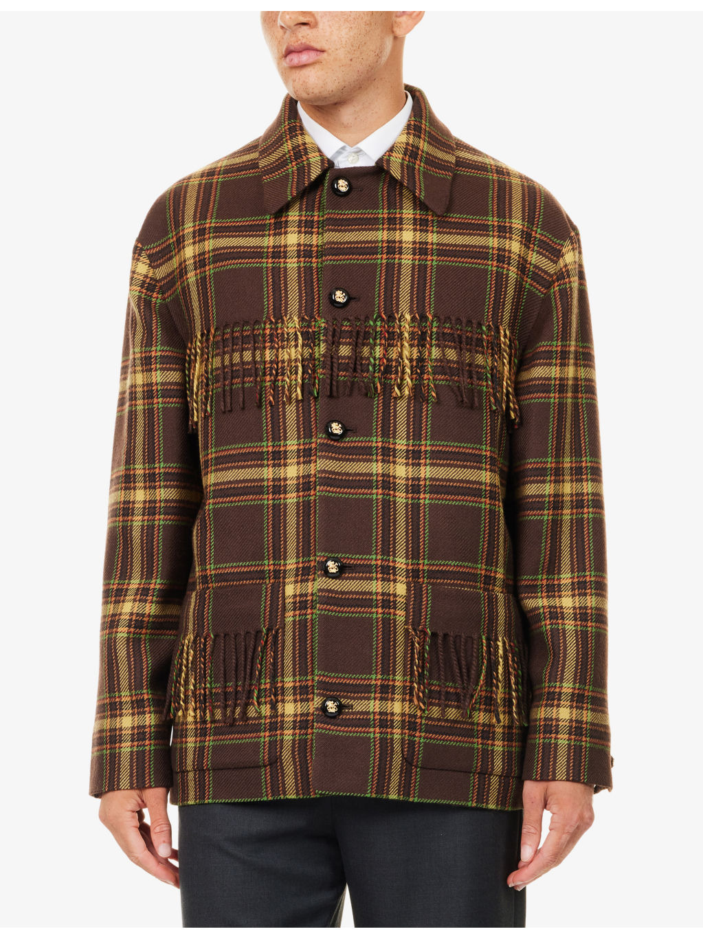 Check-Print Fringed Wool Jacket - 3