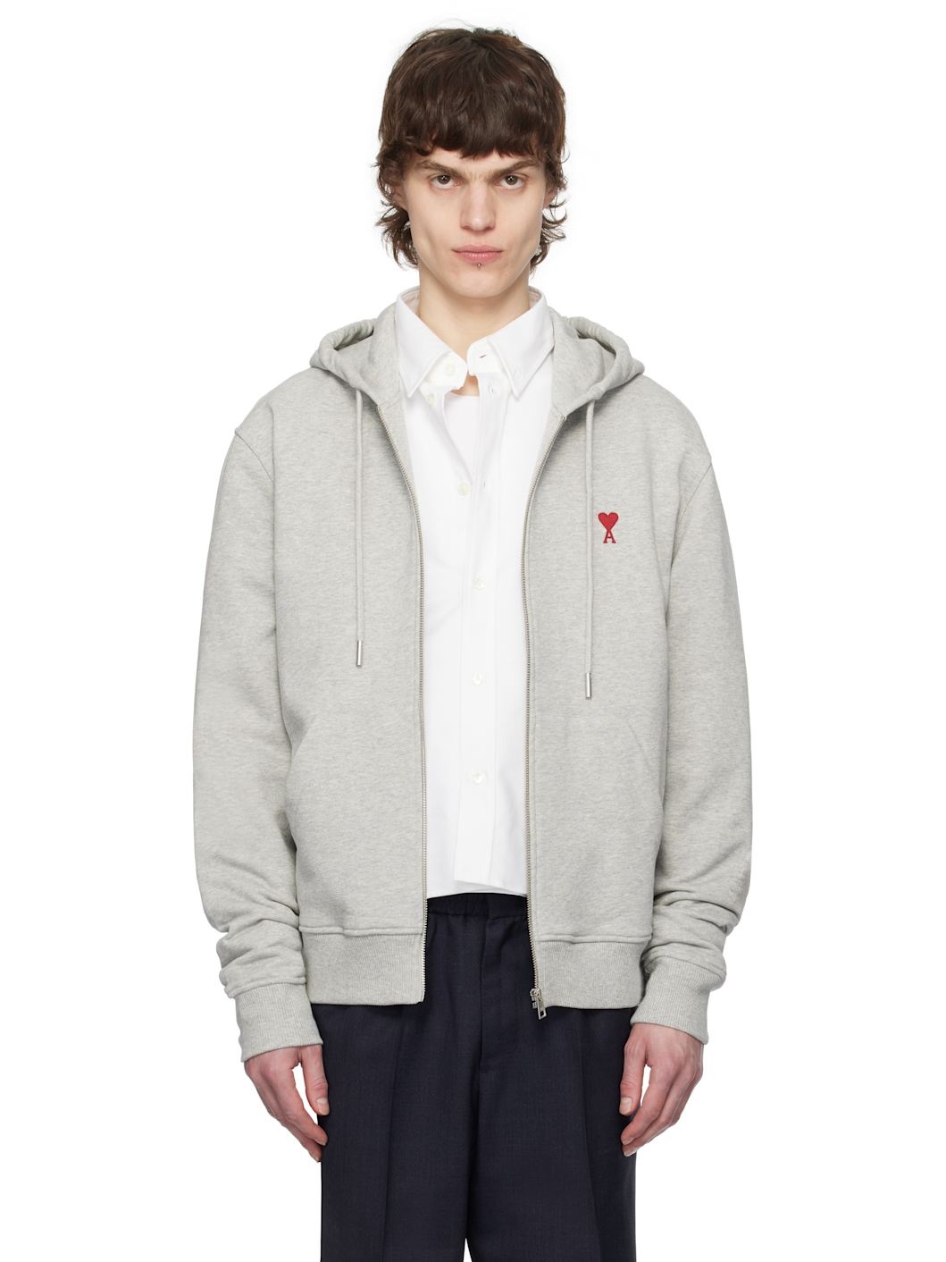 Gray Cotton Ami de Coeur Zipped Hoodie - 1