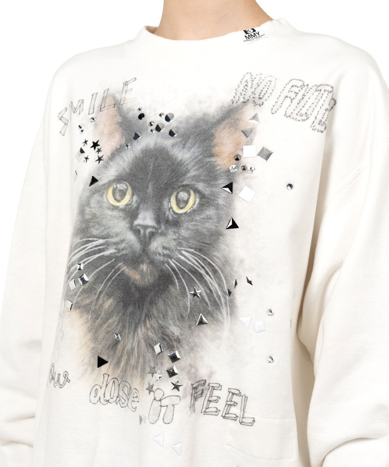 Cat Printed Embellished Distressed Sweatshirt 7