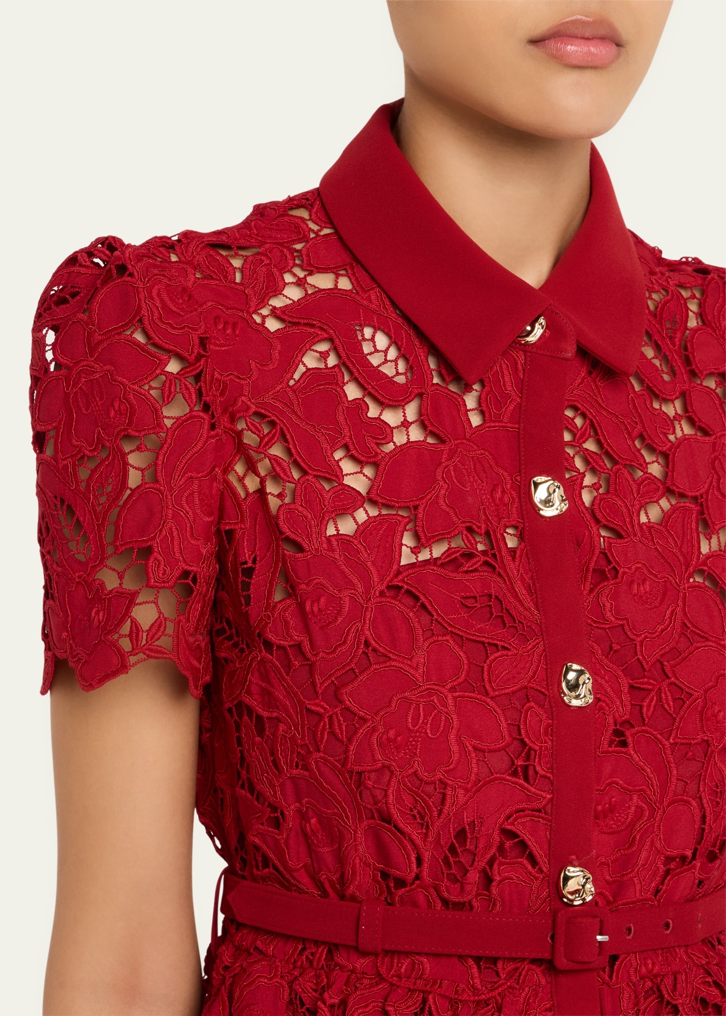 Belted Floral Lace Mini Shirtdress - 5