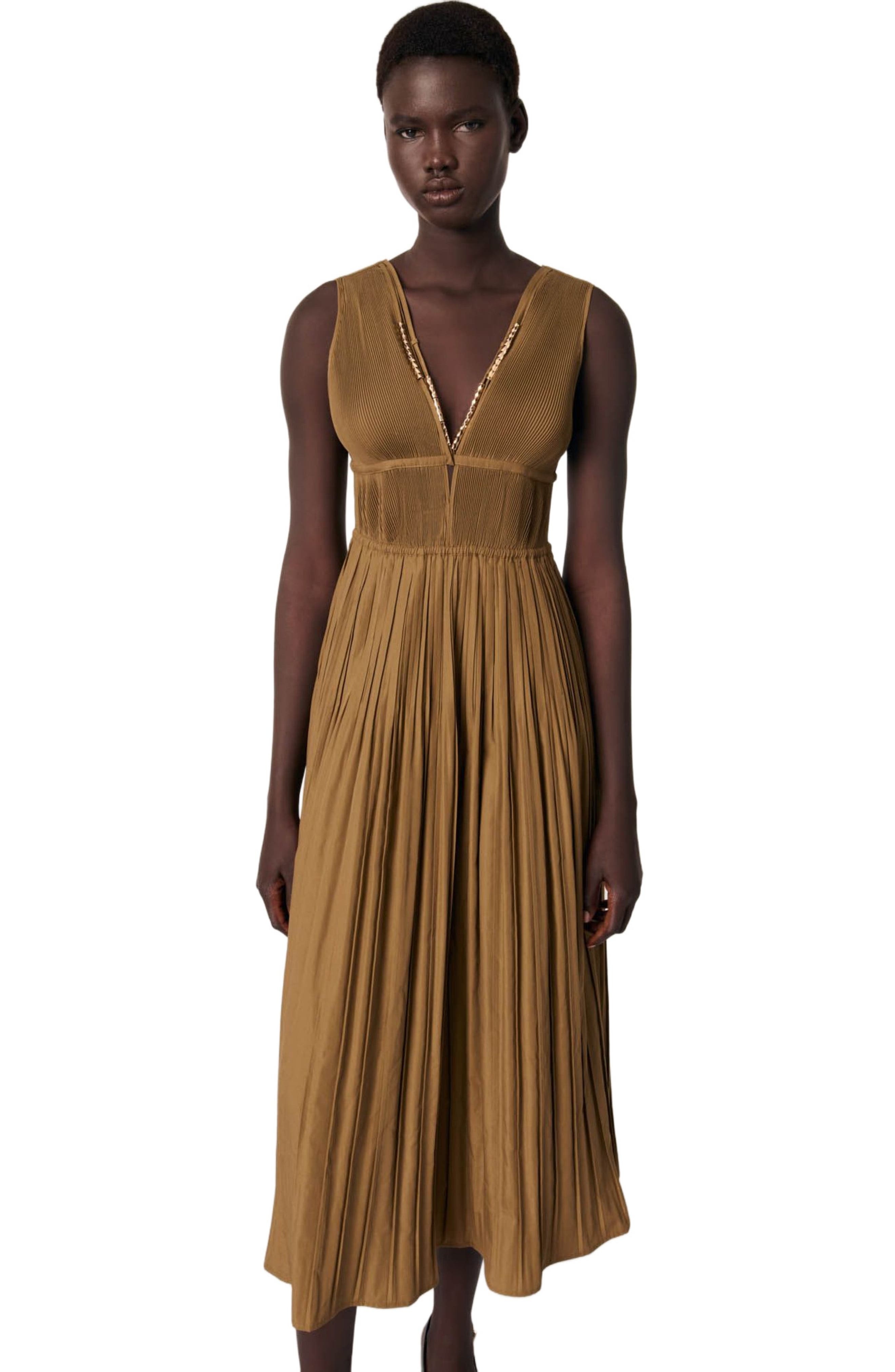maje Jewellery neckline pleated dress in Khaki at Nordstrom - 4