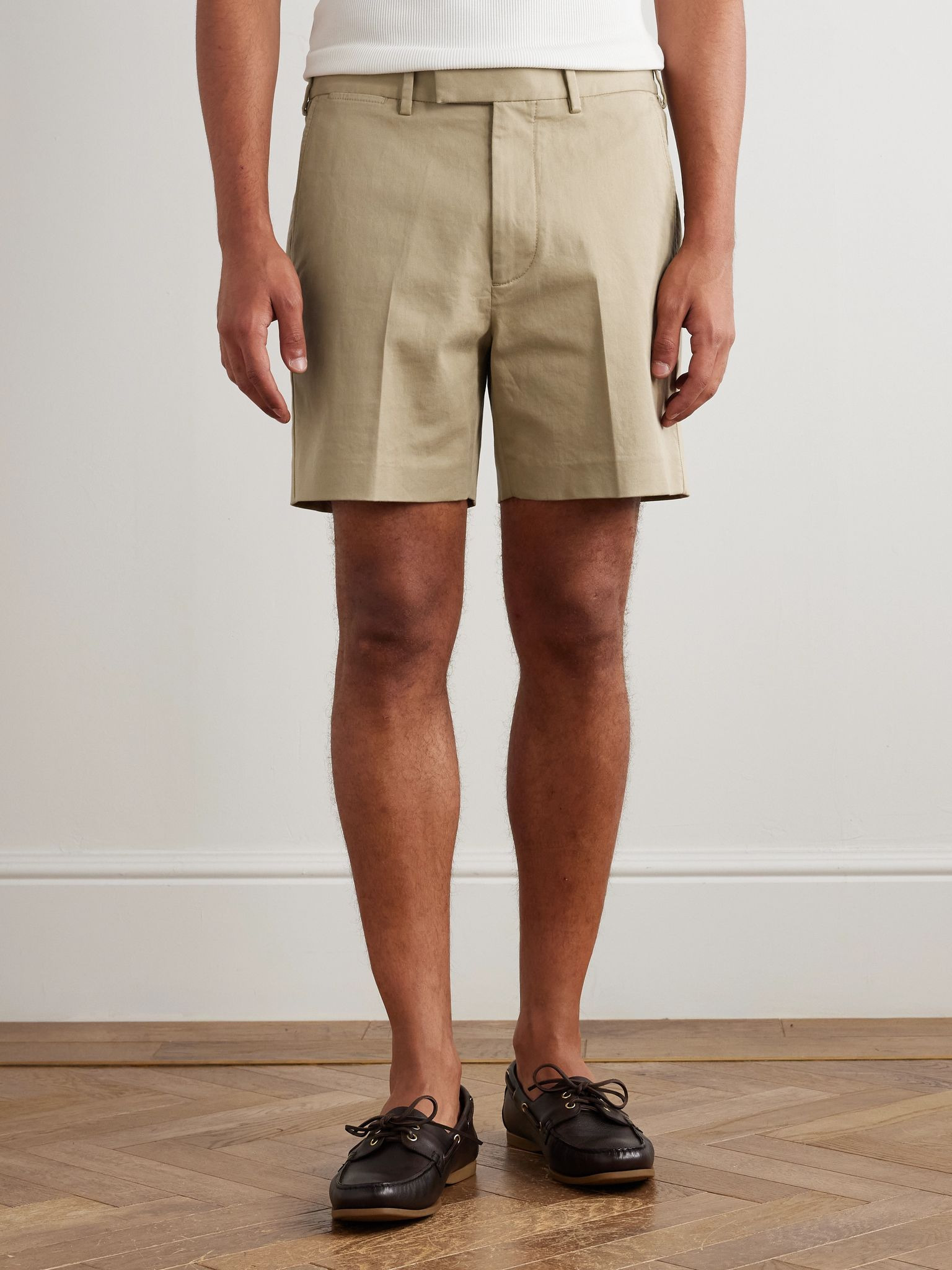 Straight-Leg Pleated Stretch-Cotton Twill Shorts Tan - 3