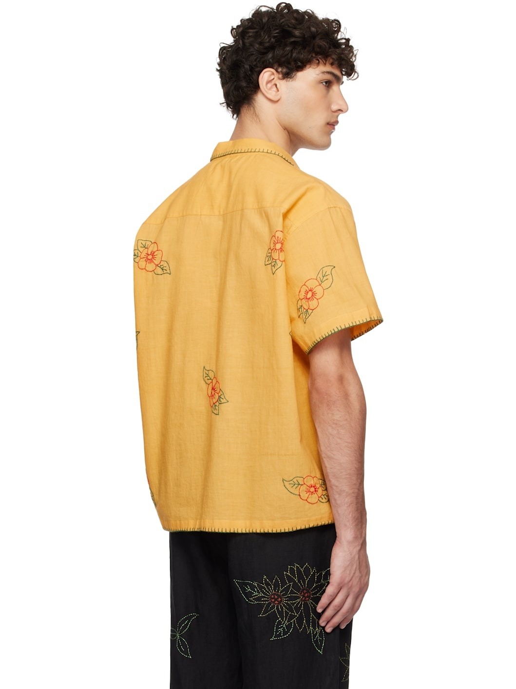 Yellow Floral Embroidered Short Sleeve Shirt - 3