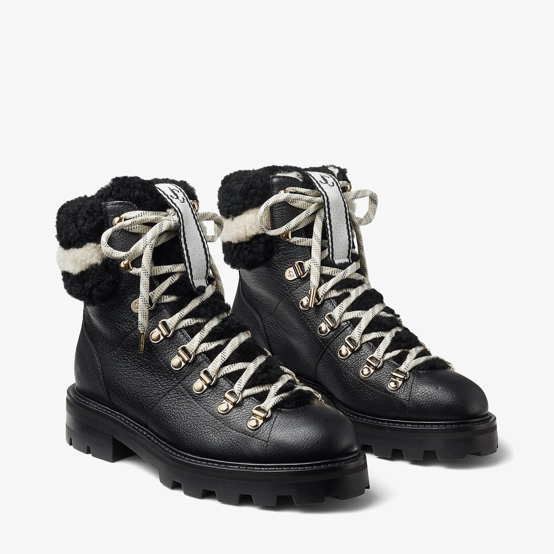 Eshe Flat
Black Grainy Leather Hiking Boots with Natural and Black Shearling Collar - 3