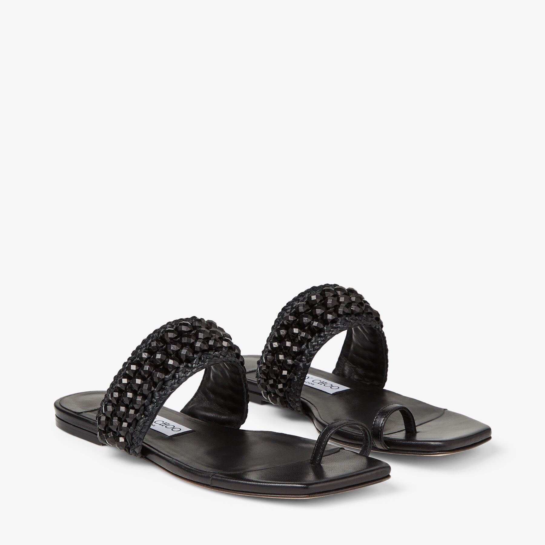 Amoure Flat
Black Nappa Leather Flat Sandals with Beaded Raffia - 3
