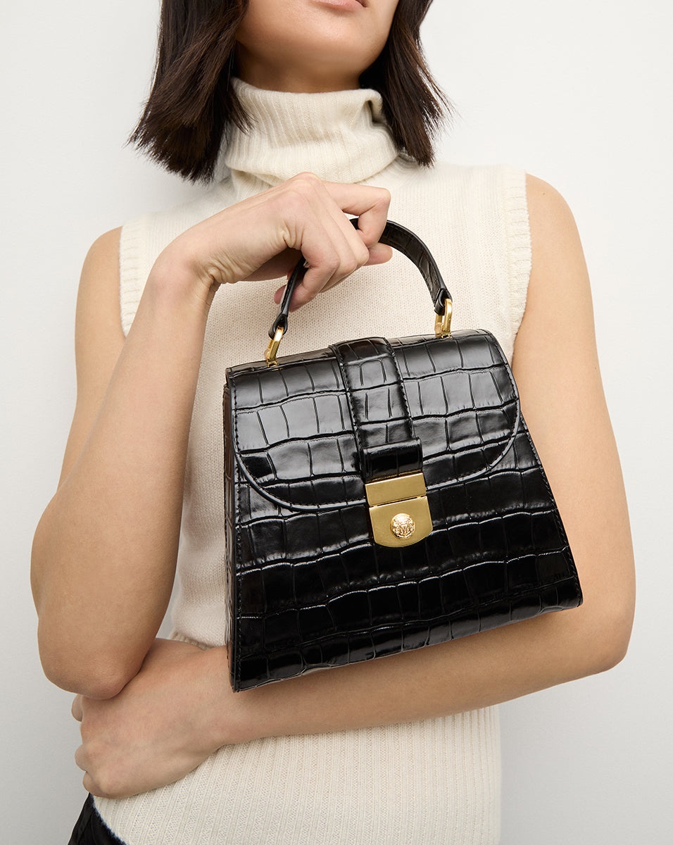 CROC-EMBOSSED CREST LOCK TOP HANDLE BAG - 7