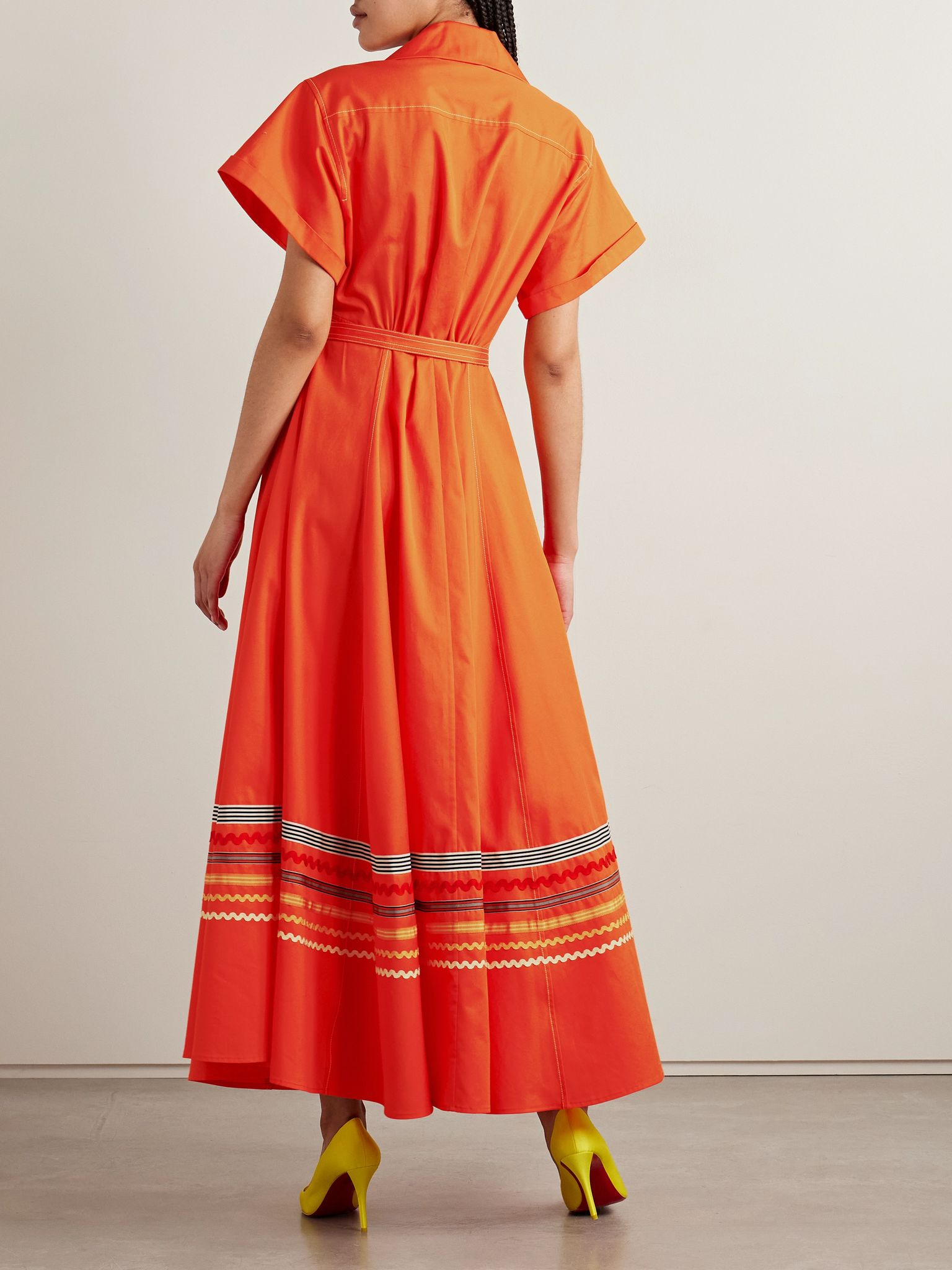 Belted ric rac and grosgrain-trimmed cotton-twill maxi shirt dress Orange - 3