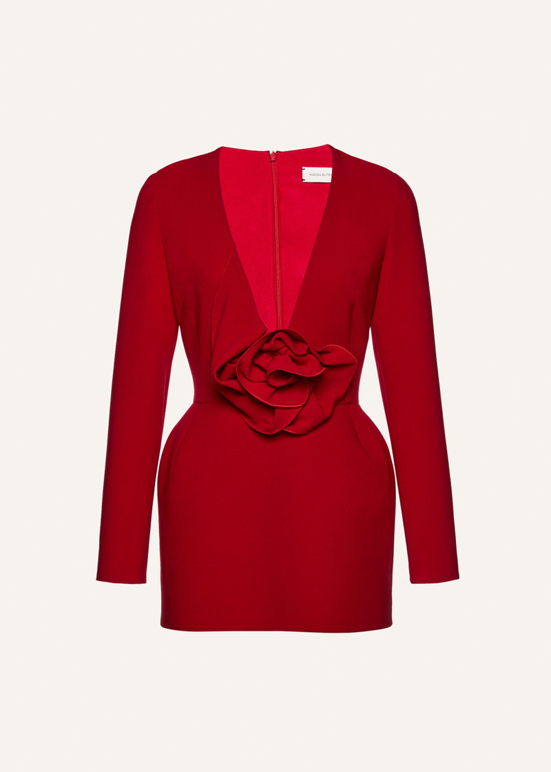 Long sleeve floral applique wool mini dress in red - 1