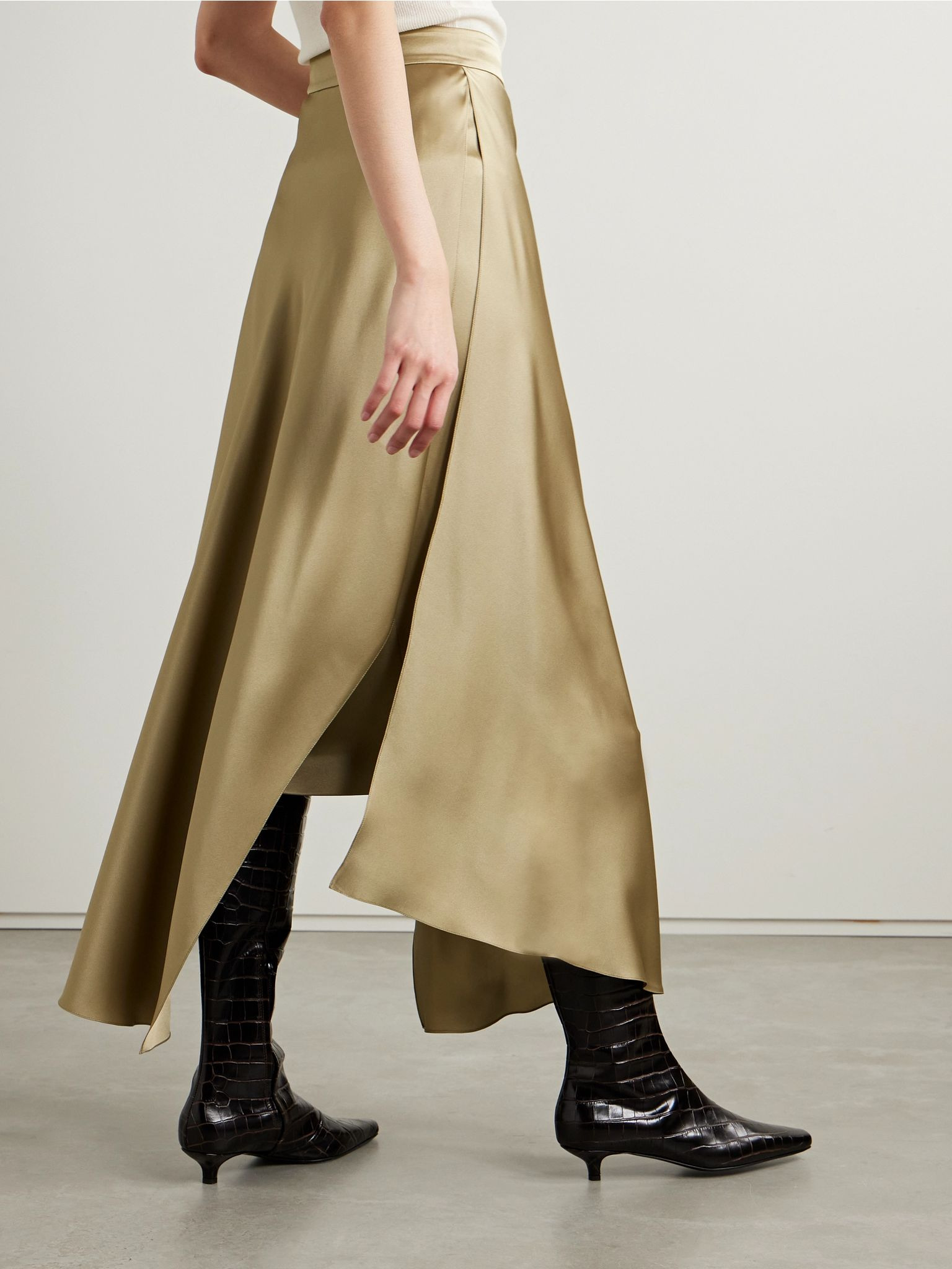 Layered silk-satin midi skirt Beige - 4