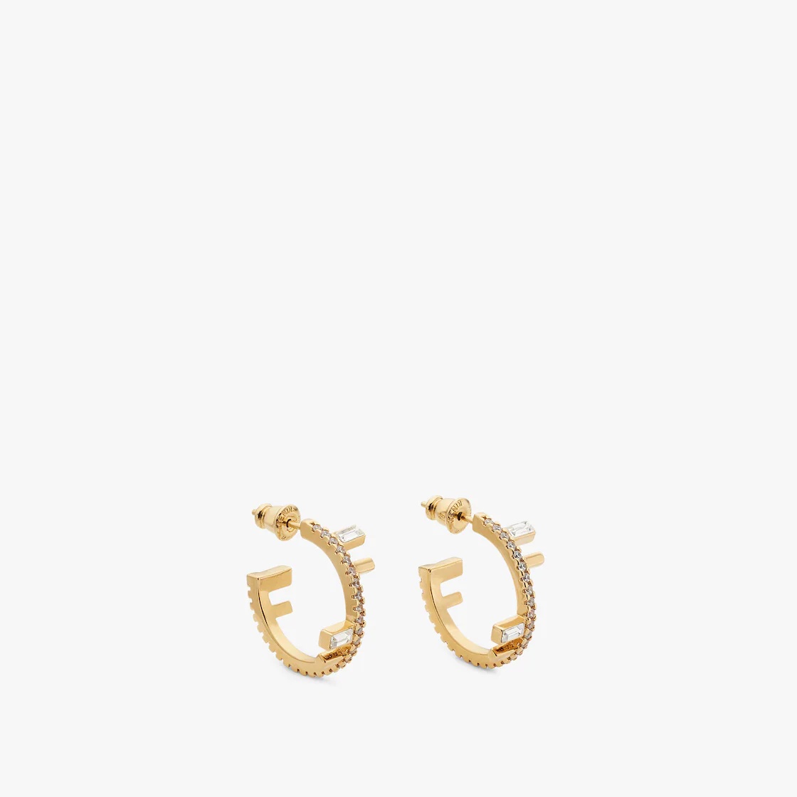 Hoop earrings with Fendi First logo. Made of metal with a gold finish. Decorated with round, white B - 1