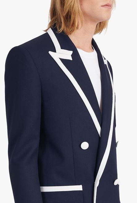 Navy blue wool blazer with embroidered Balmain logo and double-breasted white buttoned fastening - 9