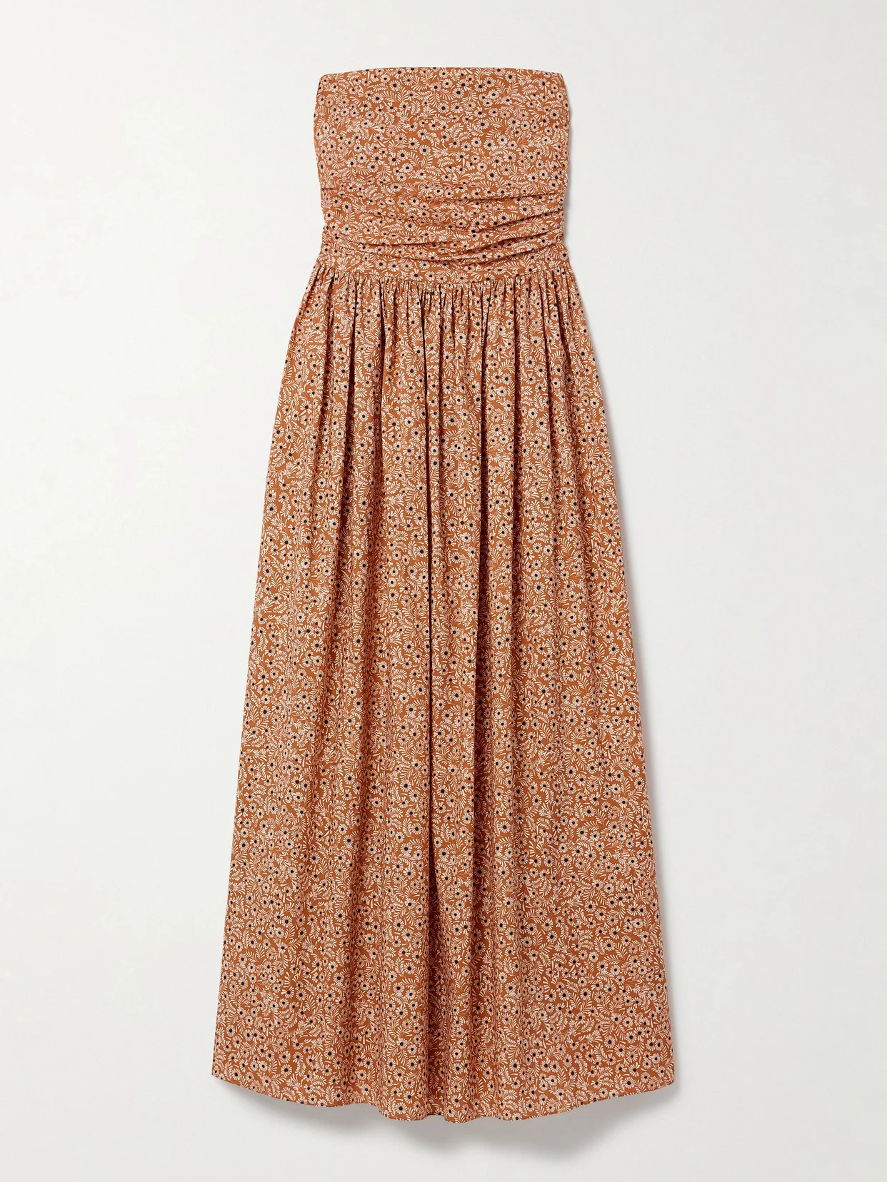 Strapless Floral-print Gathered Organic Cotton-poplin Midi Dress - 1