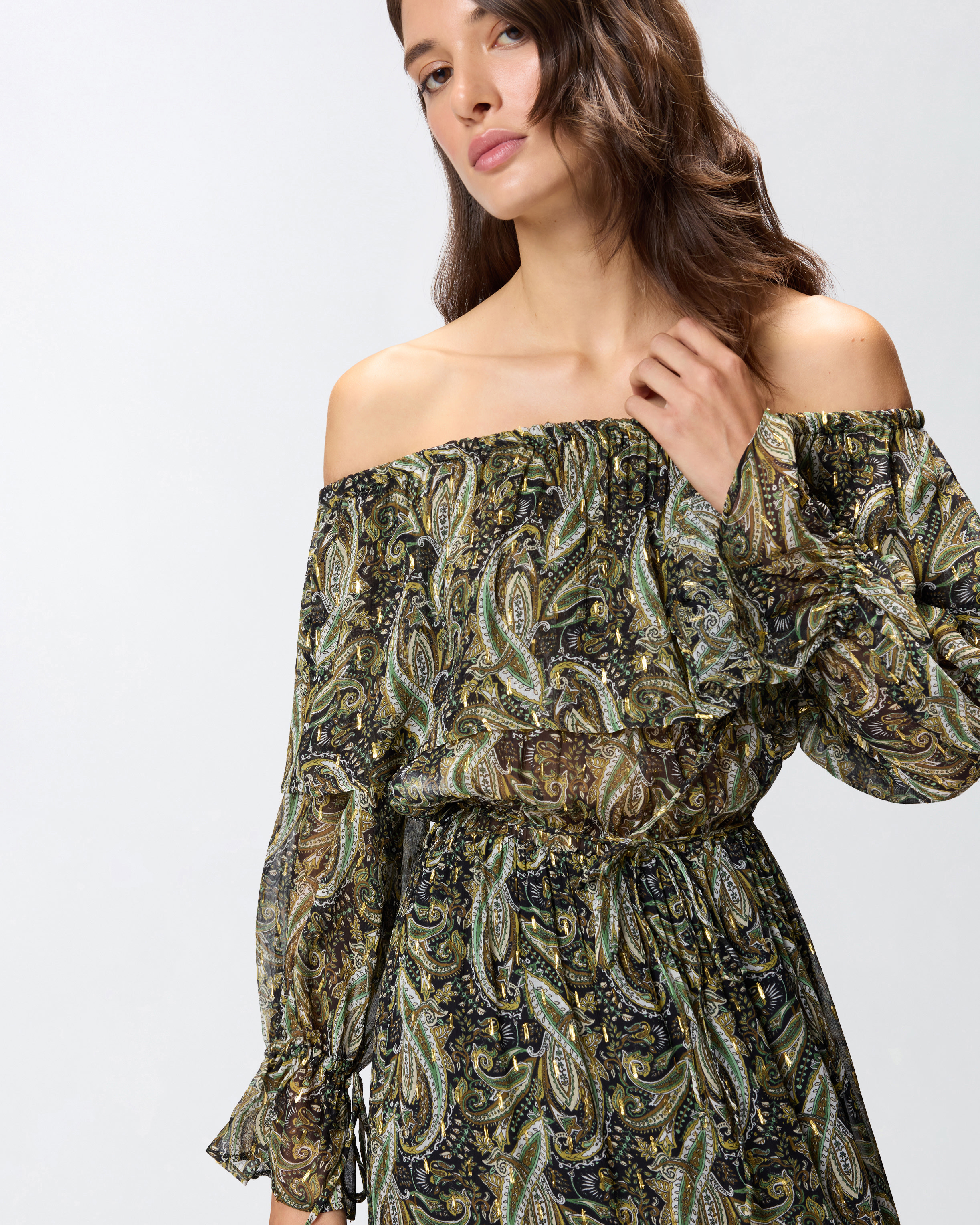 OFF-THE-SHOULDER LONG DRESS WITH CASHMERE PRINT - 5