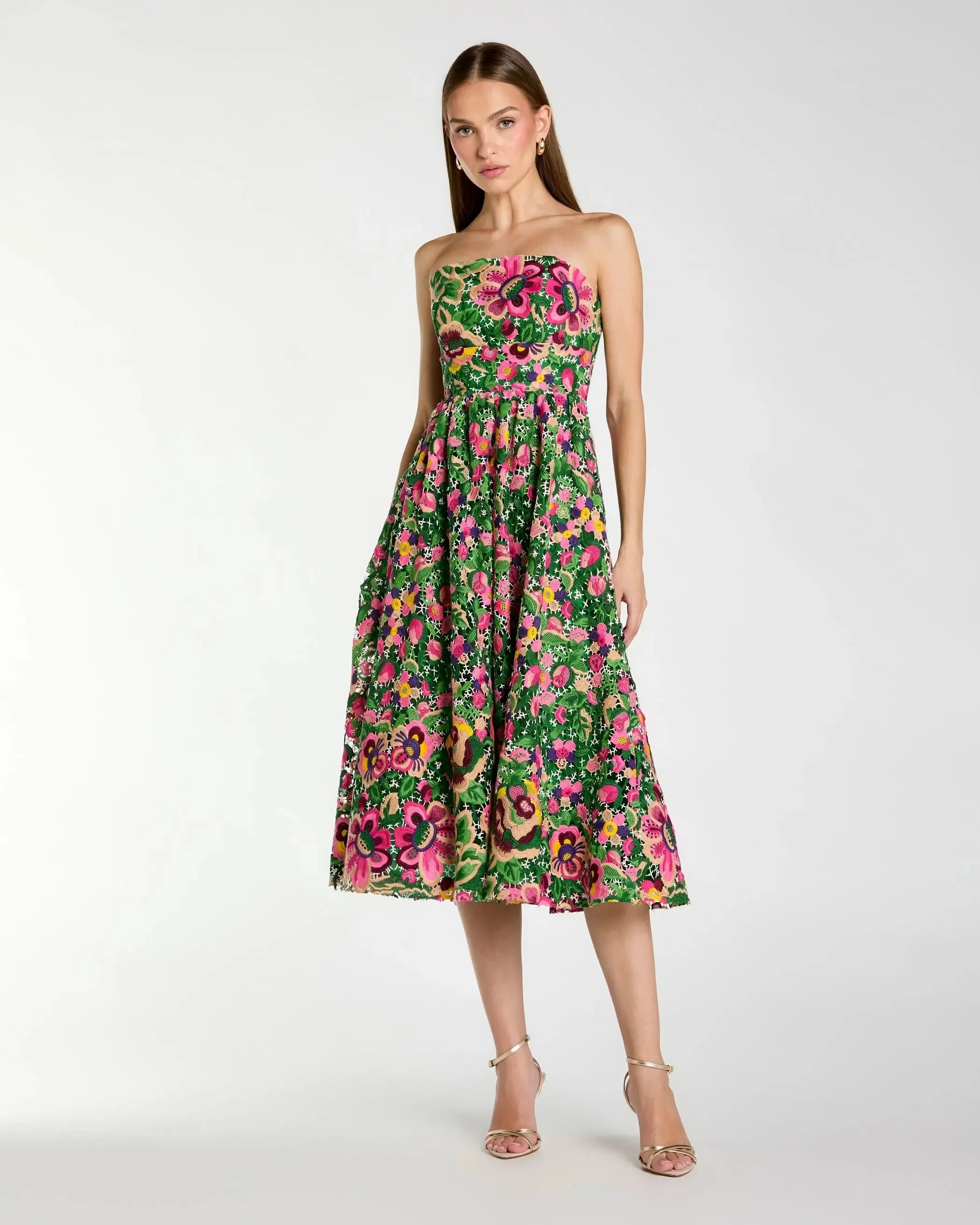 Green Strapless Floral Embroidered Midi Dress - 1