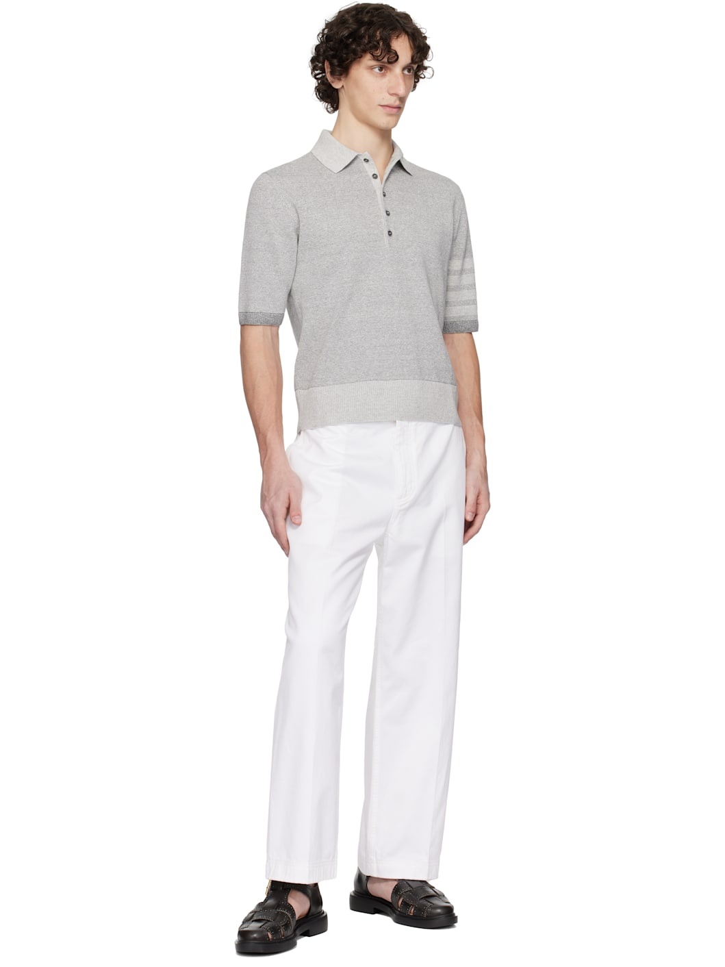 Gray Textured Striped Stitch 4-Bar Relaxed Polo - 4