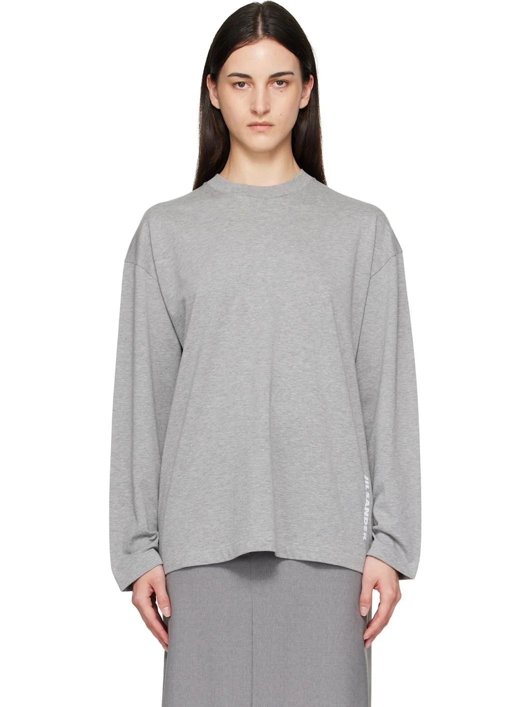 Gray Long Sleeve Crew Neck Boxy Fit T-shirt - 1