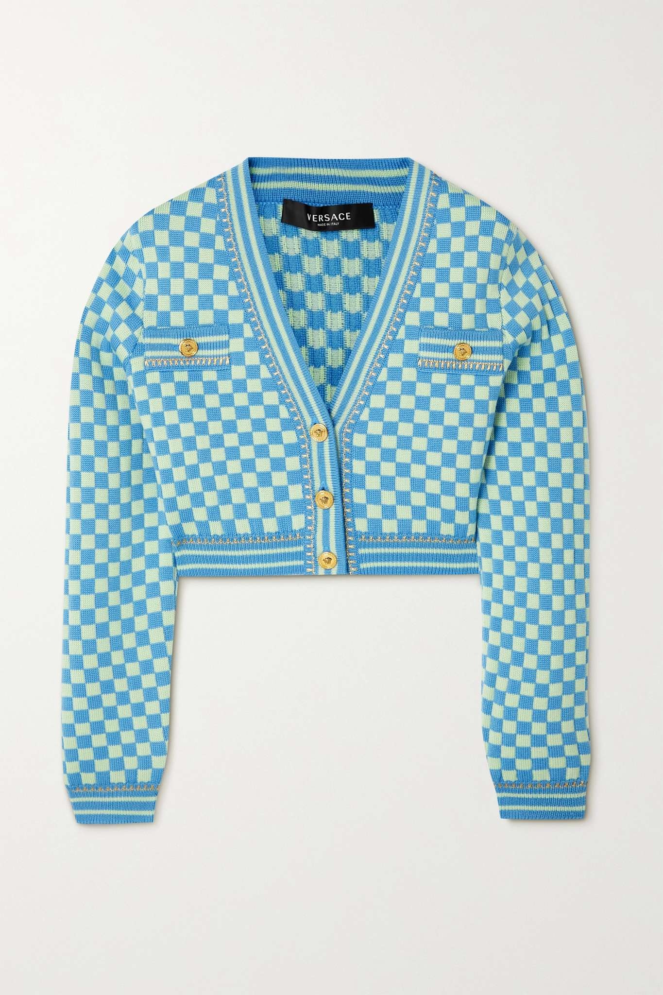 Cropped checked wool-blend jacquard cardigan - 1