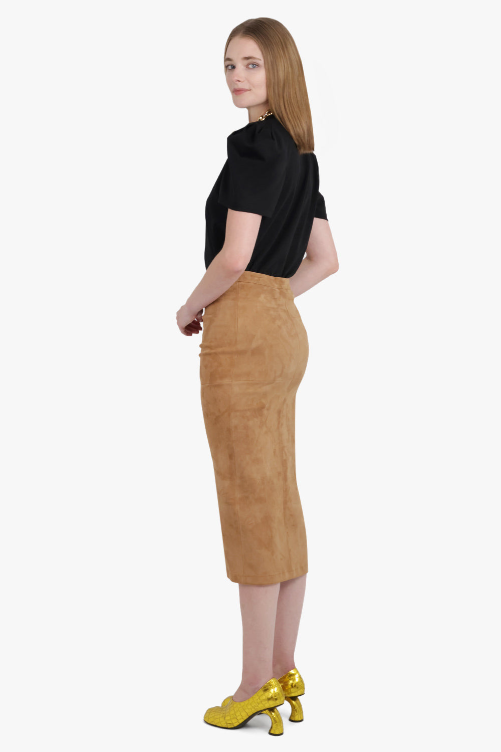 ASYMMETRIC RUCHED LEATHER MIDI SKIRT | NEW CARAMEL - 5