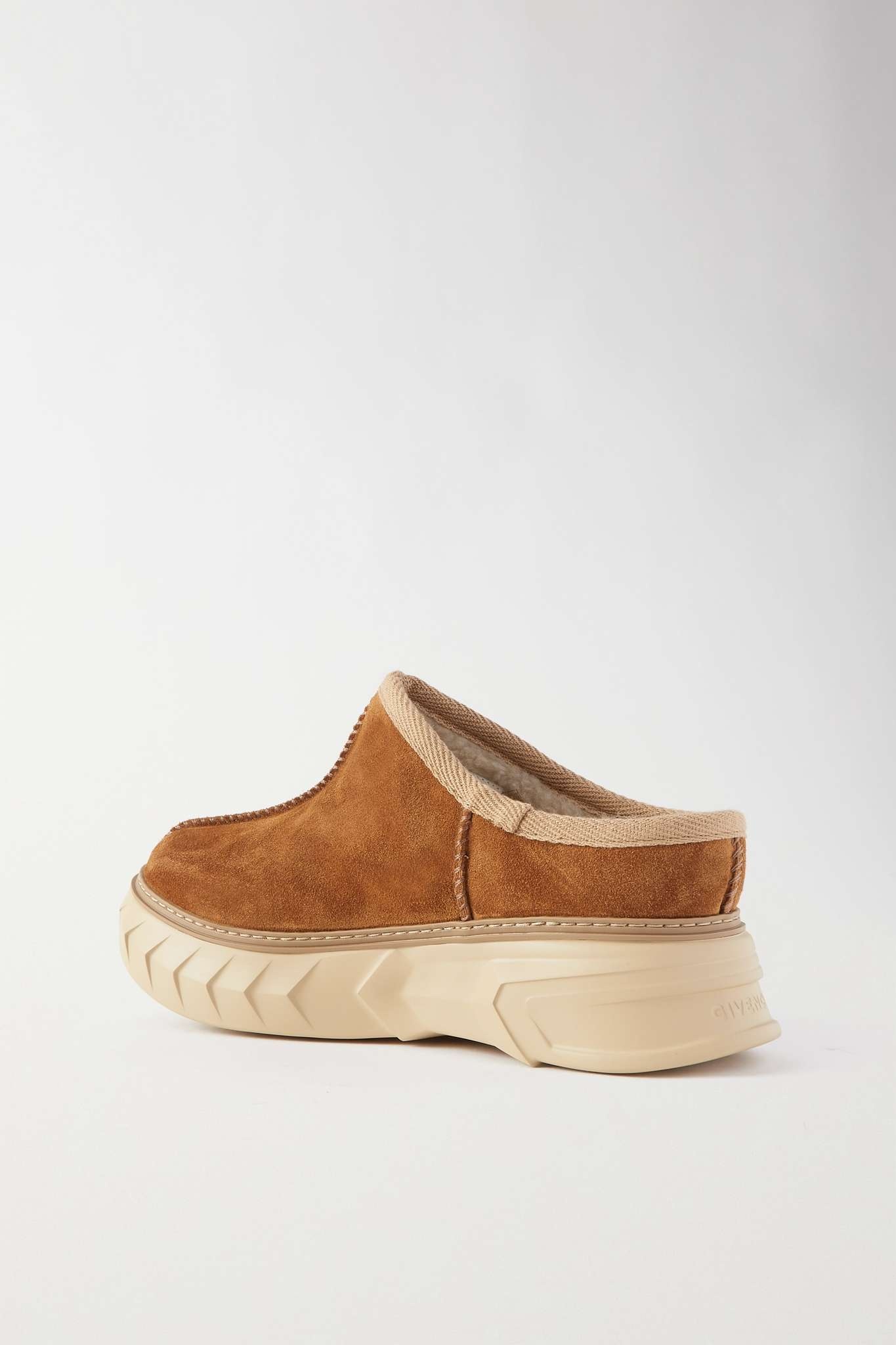 Shearling-lined debossed leather platform slippers - 3