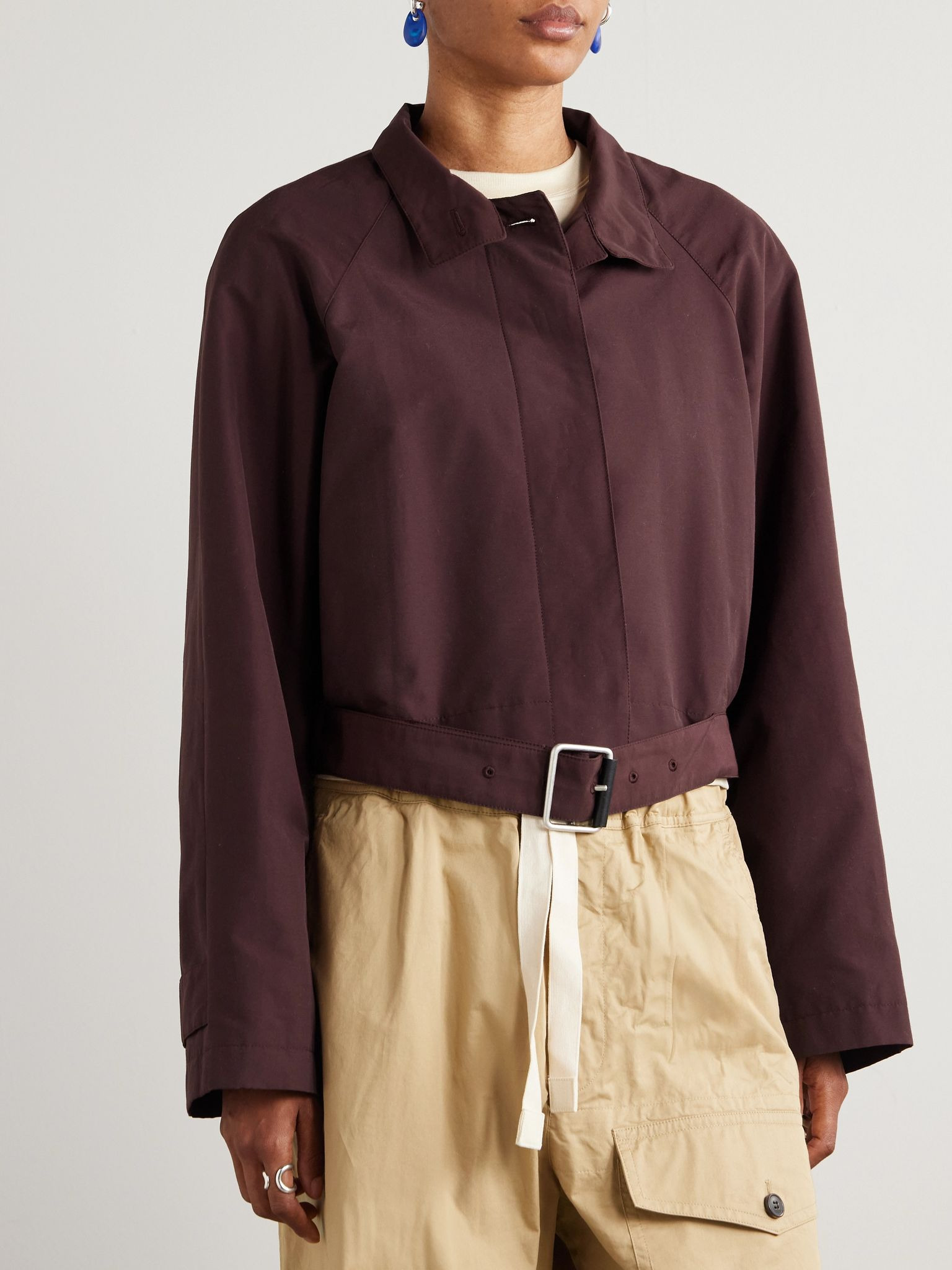 Belted cotton-blend shell jacket Burgundy - 3
