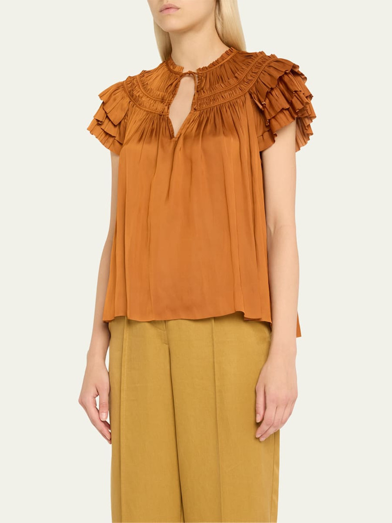 ULLA JOHNSON Elvie Ruched Ruffle Top outlook