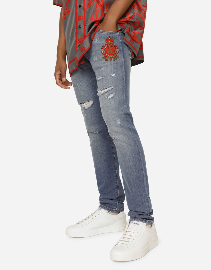 Mid blue skinny stretch jeans with patch detailing - 4
