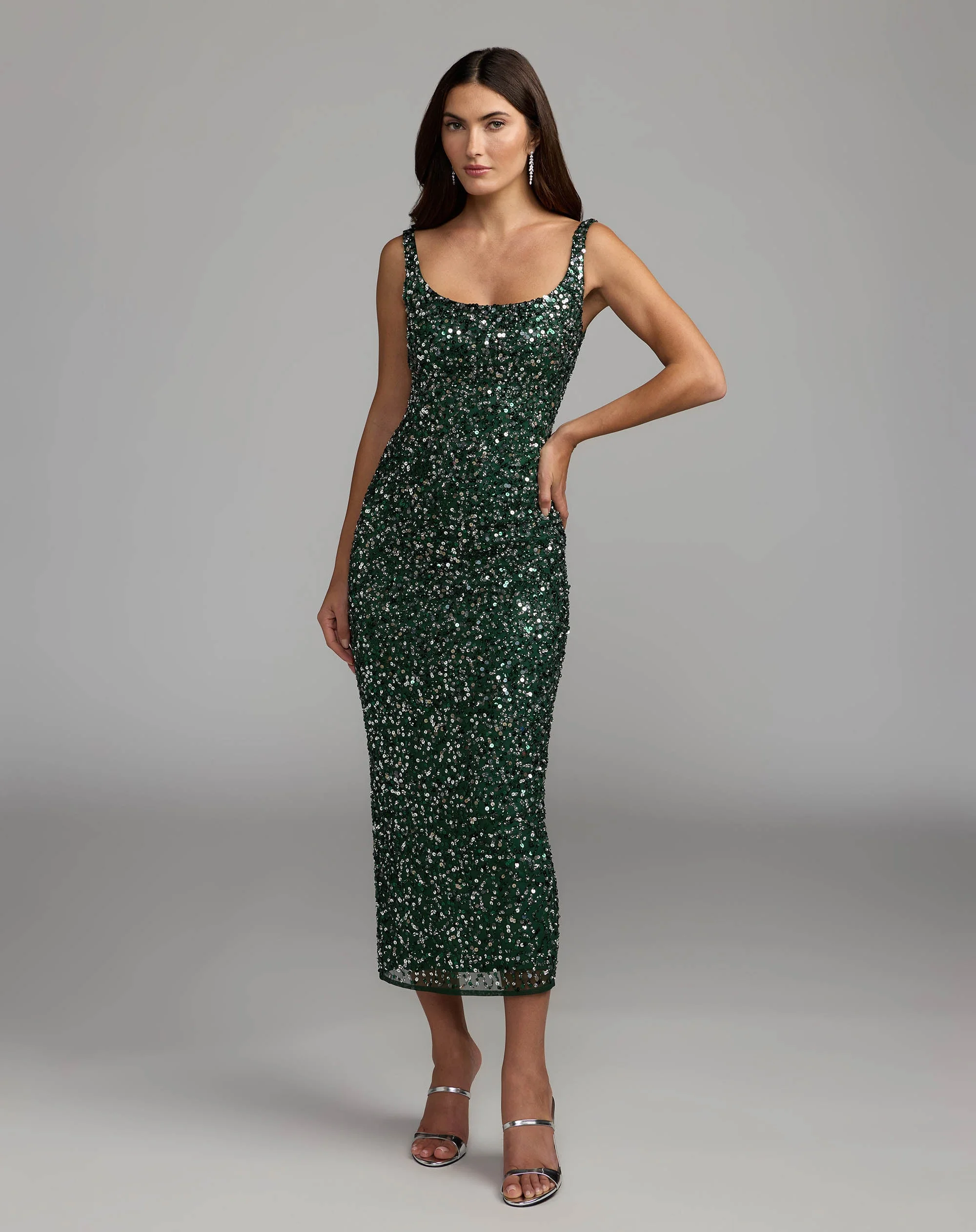 Emerald Sequin Sleeveless Midi Dress - 1