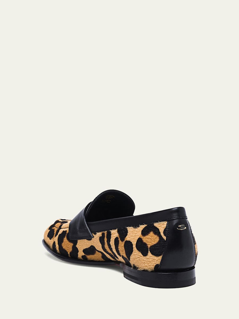 Santoni Facile Leather Leopard Penny Loafers outlook