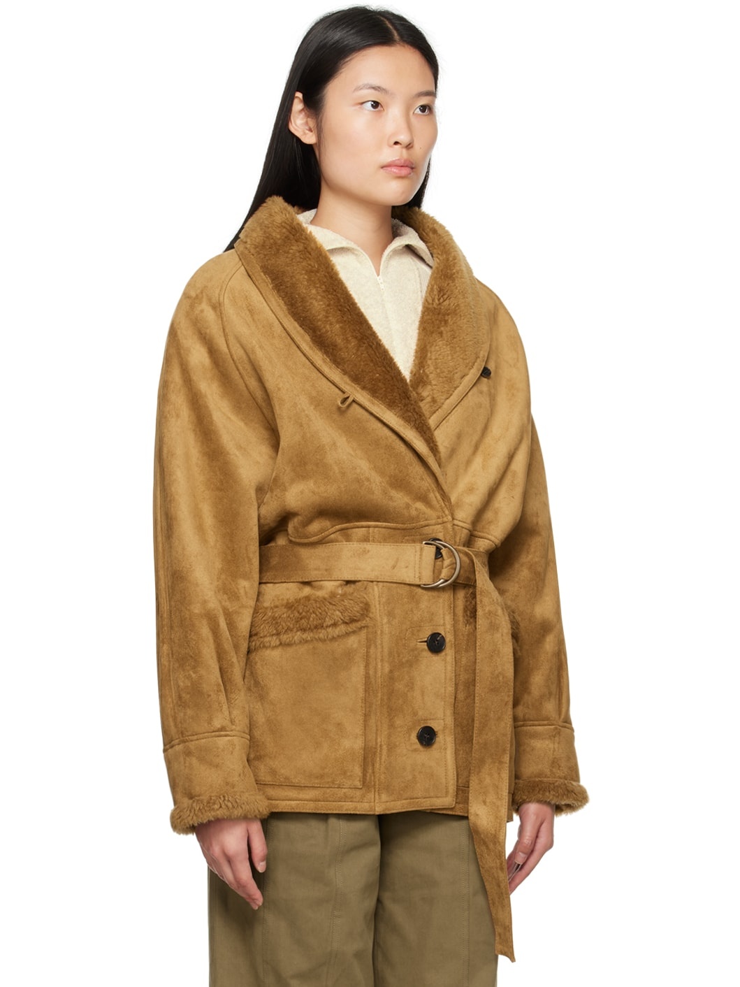 Tan Paneled Faux-Leather Coat - 3