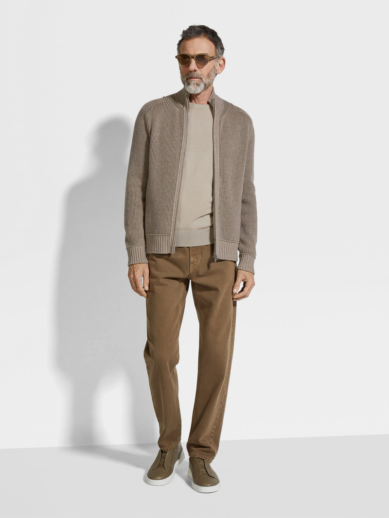 LIGHT TAUPE AND KHAKI MÉLANGE OASI CASHMERE FULL ZIP CARDIGAN 3