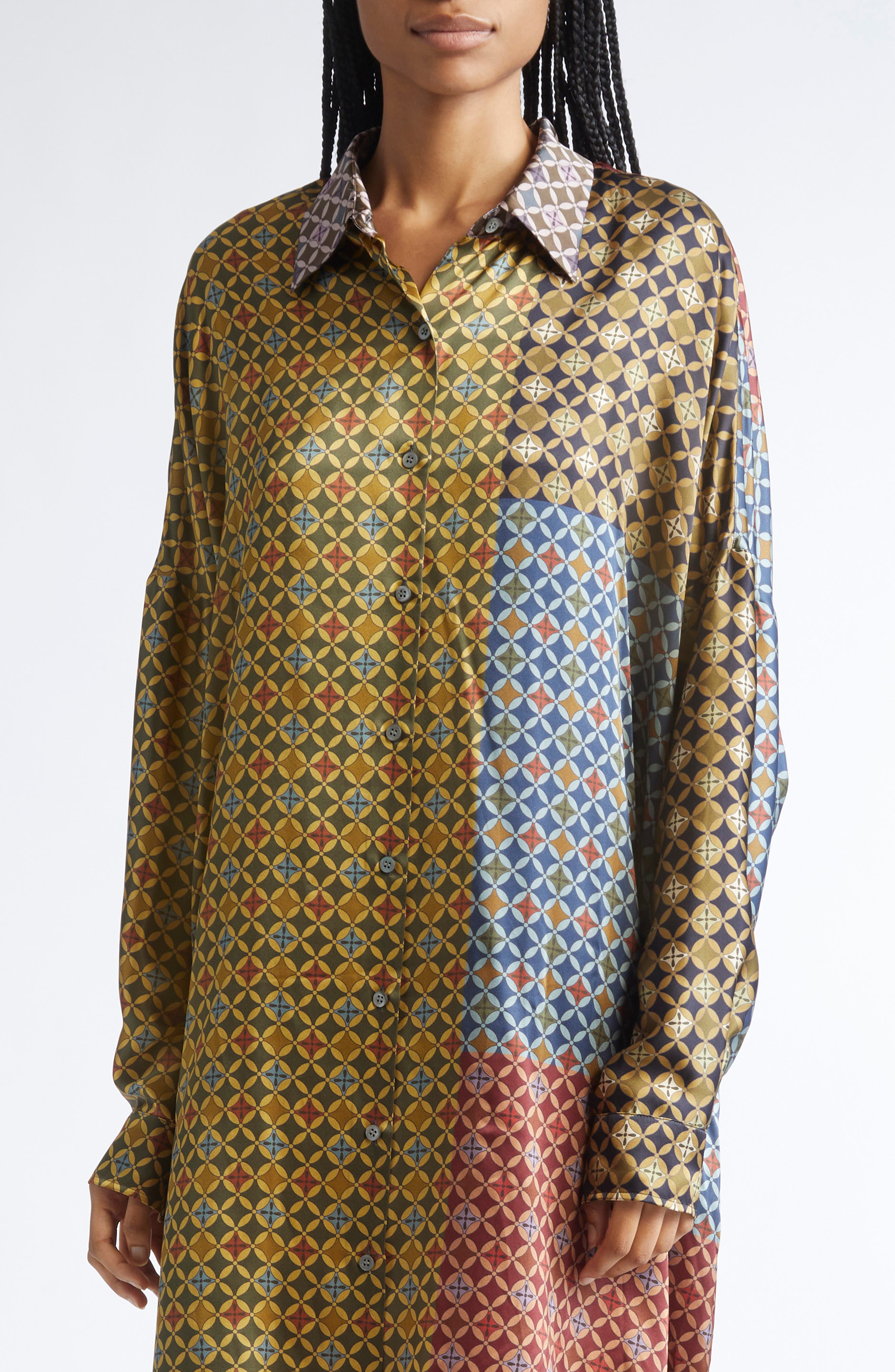 Dries Van Noten Dasia Tie Print Long Sleeve Silk Satin Shirtdress in Dessin A at Nordstrom - 4