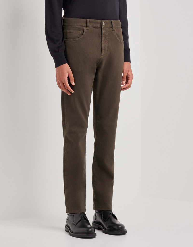 DARK BROWN REGULAR FIT COTTON FIVE-POCKET DENIM PANTS 3