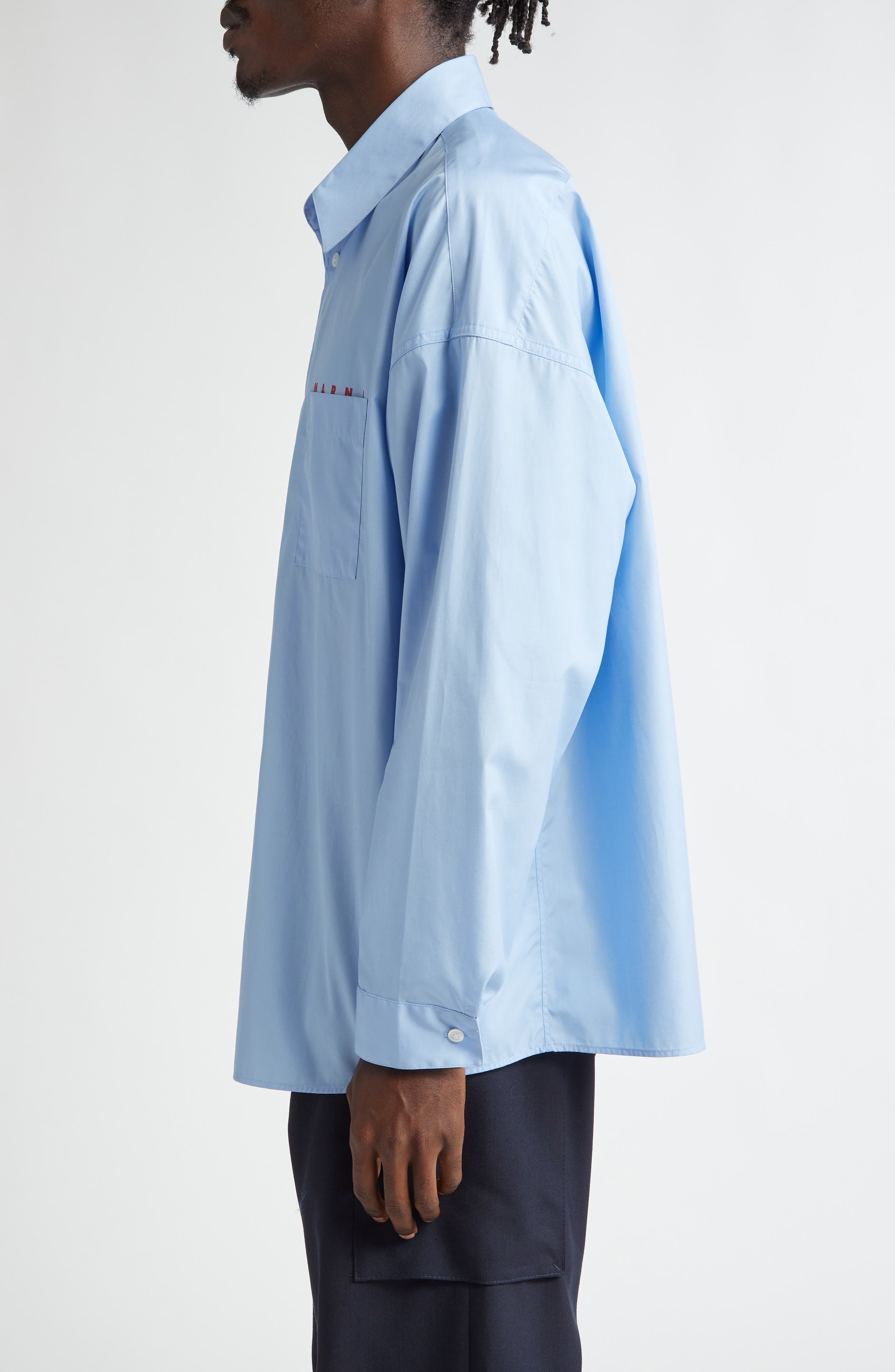 Marni Peeping Logo Organic Cotton Poplin Button-Up Shirt in Iris/Blue at Nordstrom - 3