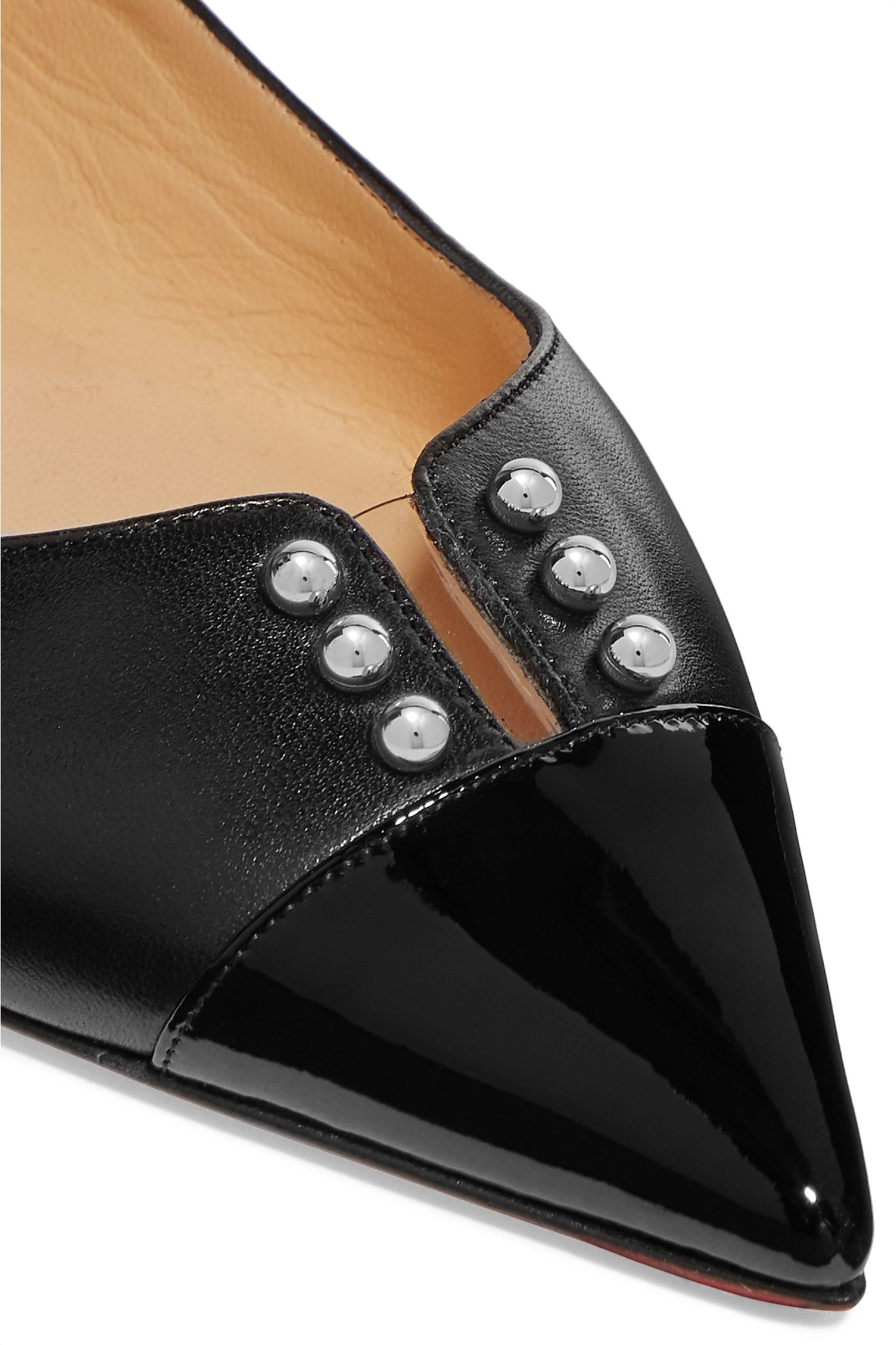 Predupump embellished patent-leather trimmed leather point-toe flats - 5