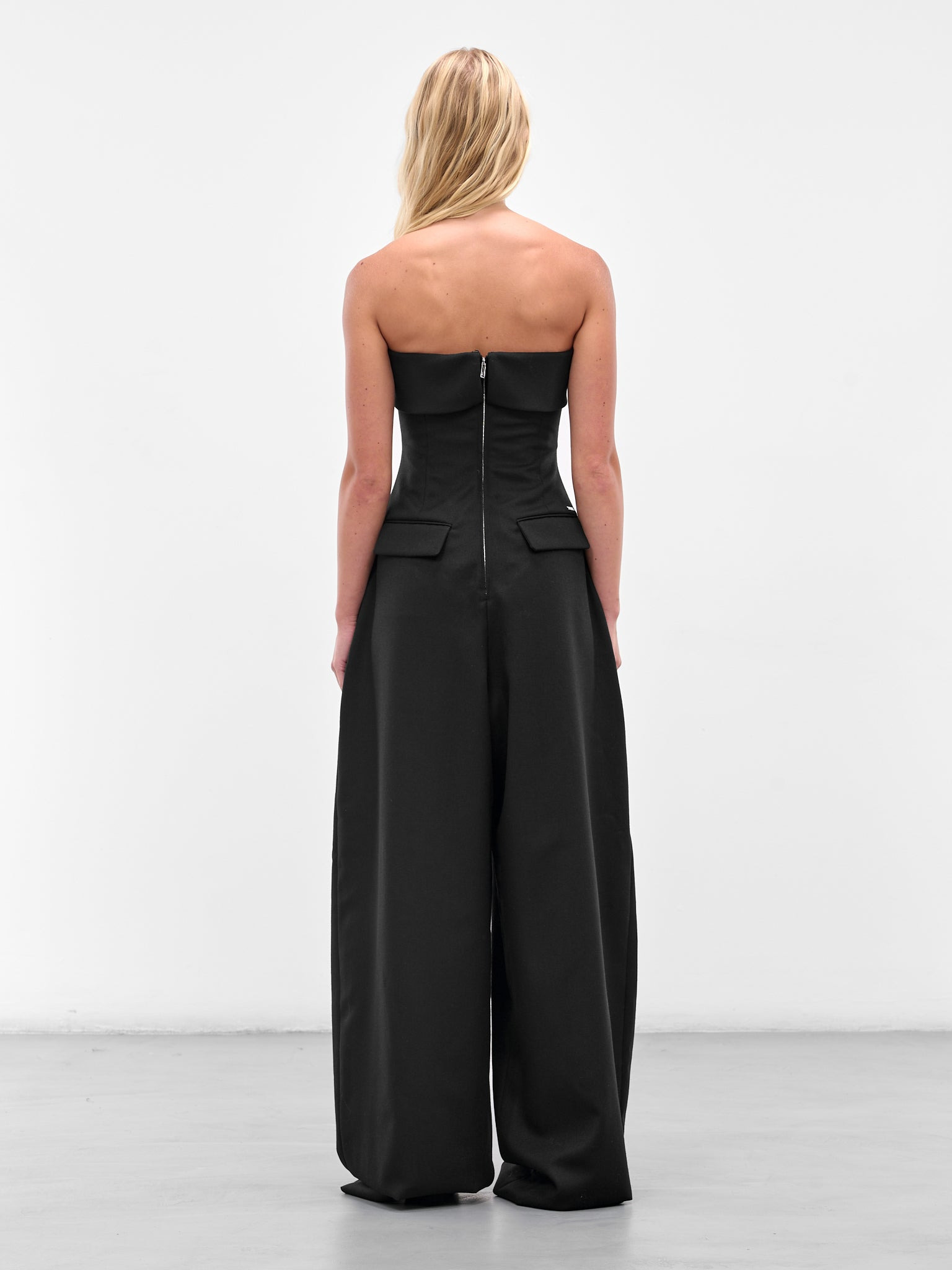 Black Wool Rounded Strapless Jumpsuit - 3