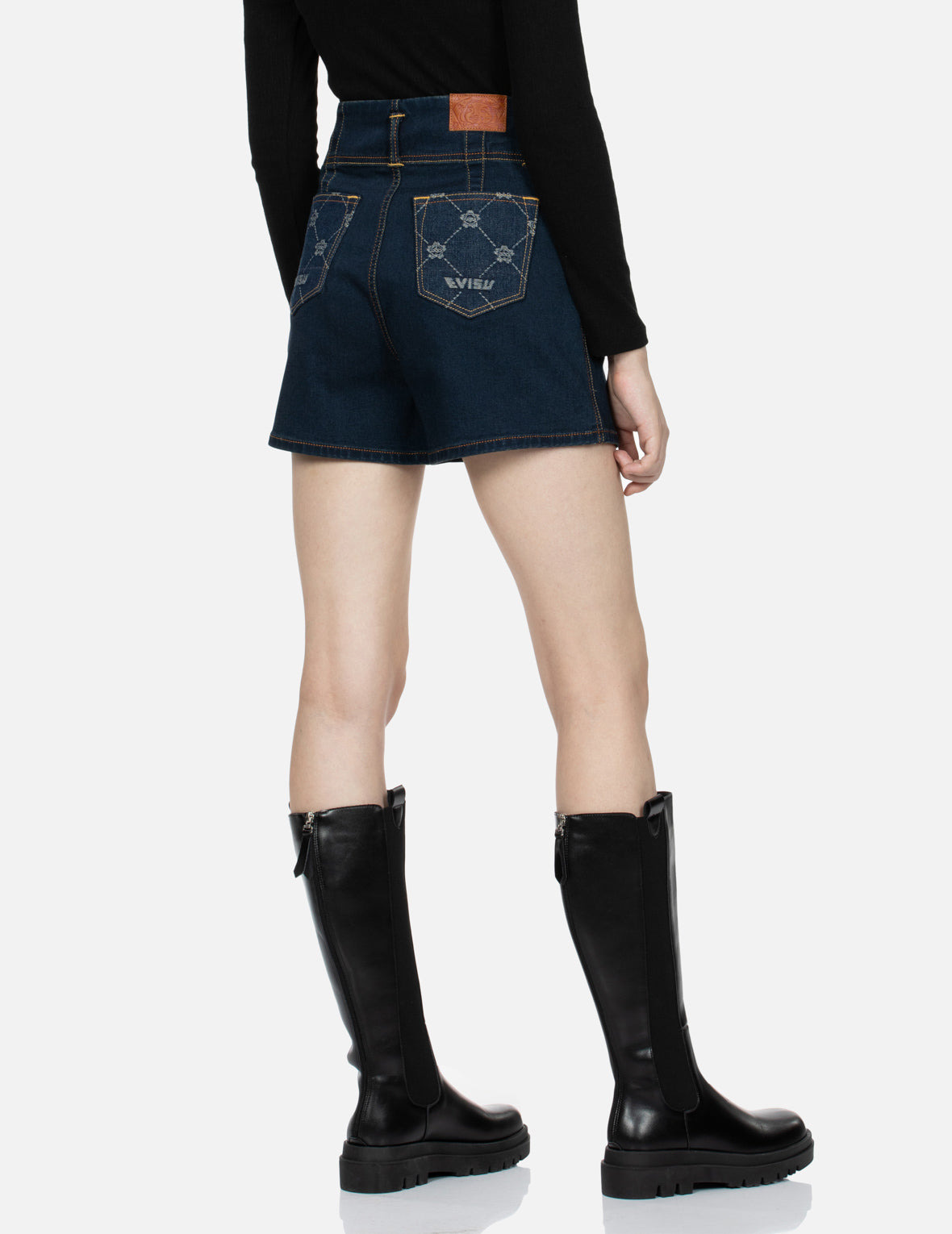ALLOVER KAMON PATTERN POCKETS HIGH WAIST DENIM SHORTS - 7