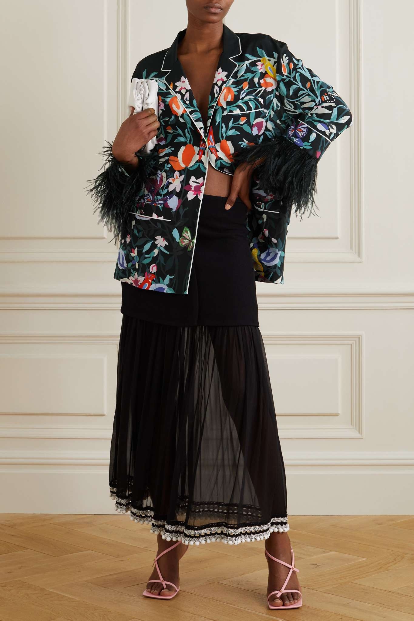 Feather-trimmed printed silk crepe de chine shirt - 2