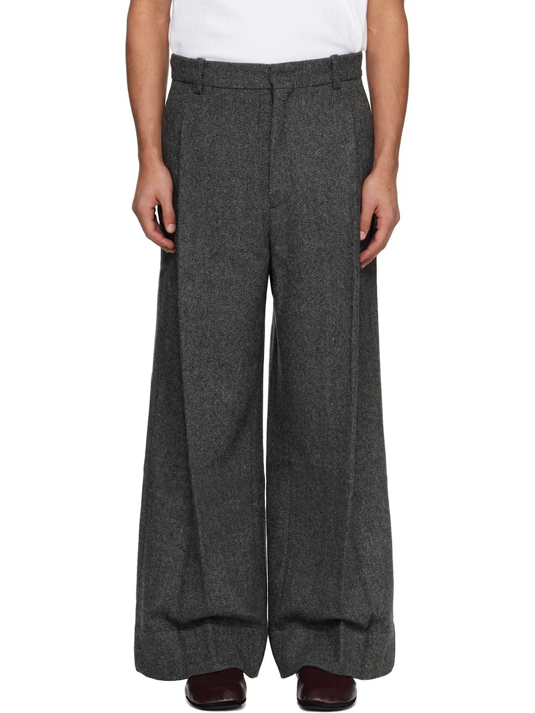 Gray Deep Tuck Wide-Leg Trousers - 1