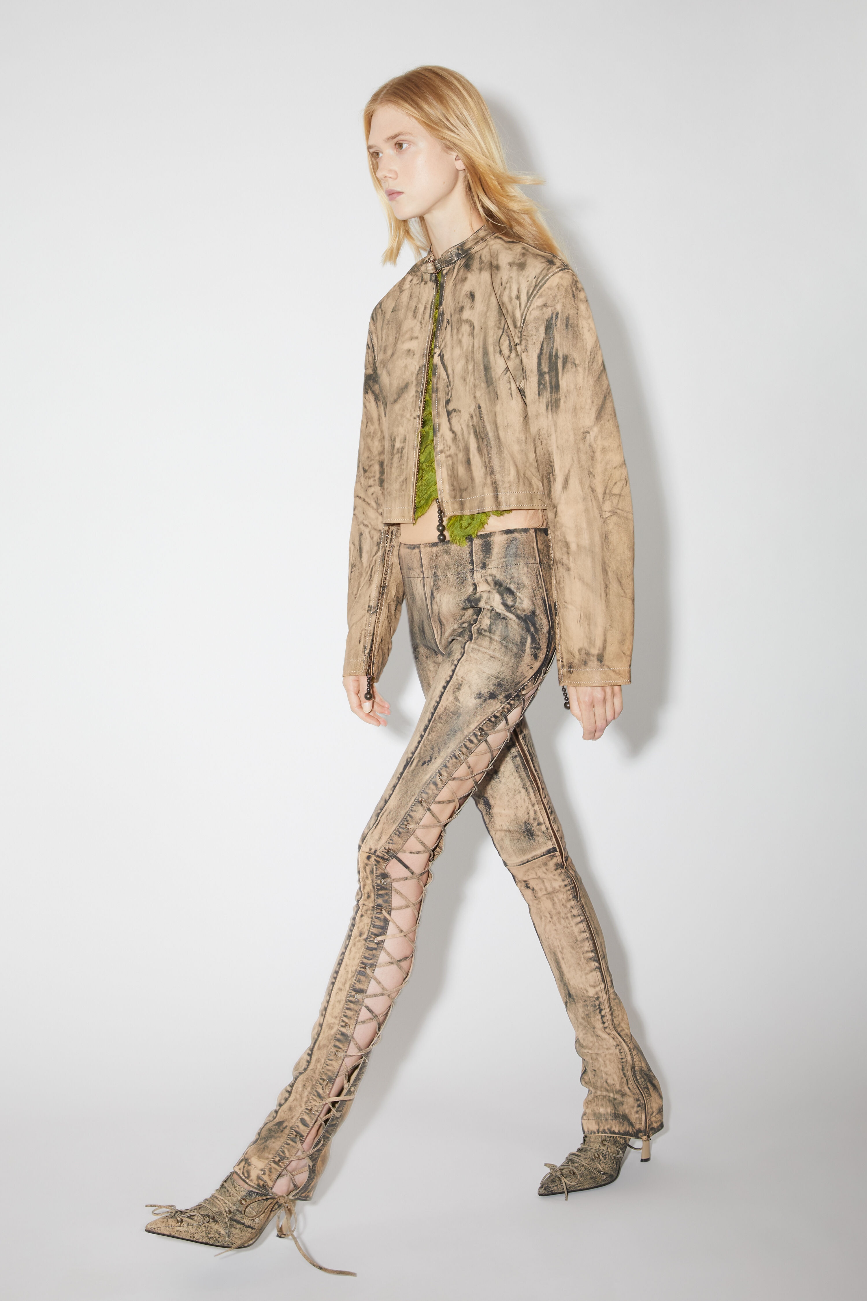Painted leather biker jacket - Beige/green - 4