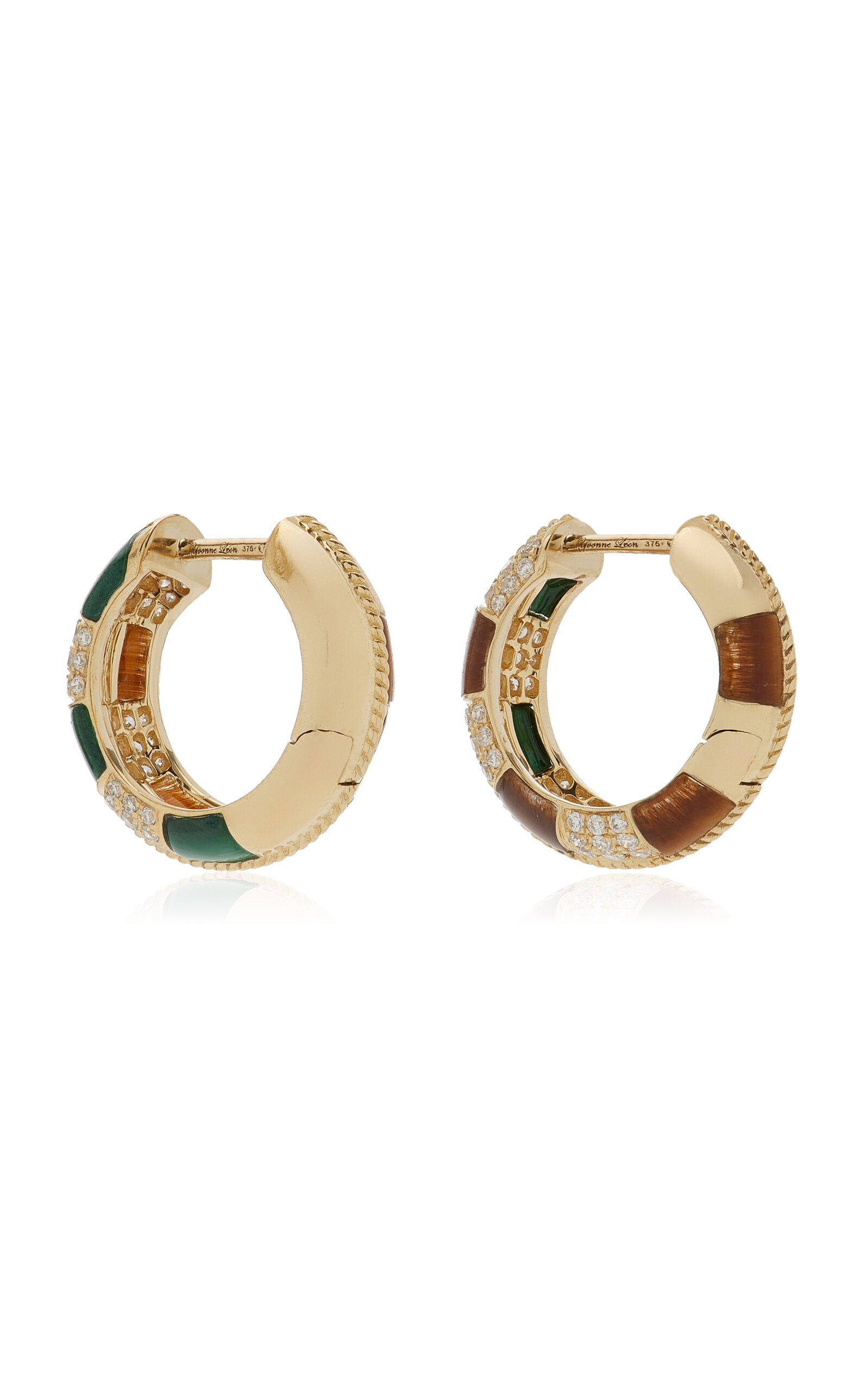 Checked 9K Yellow Gold Tiger's Eye, Malachite Hoop Earrings multi - 3