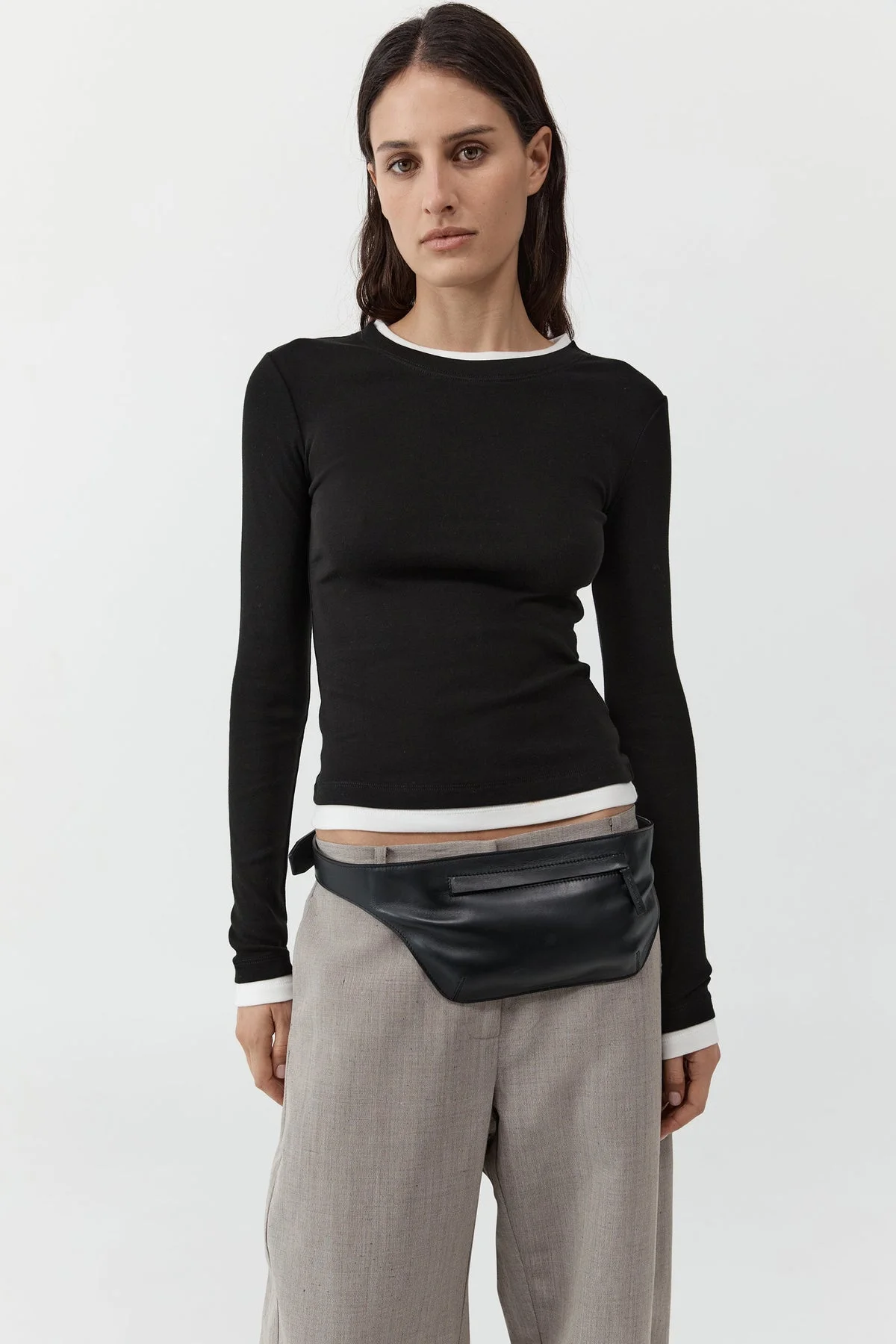Organic Cotton Layered Long Sleeve Top - Jet Black - 1