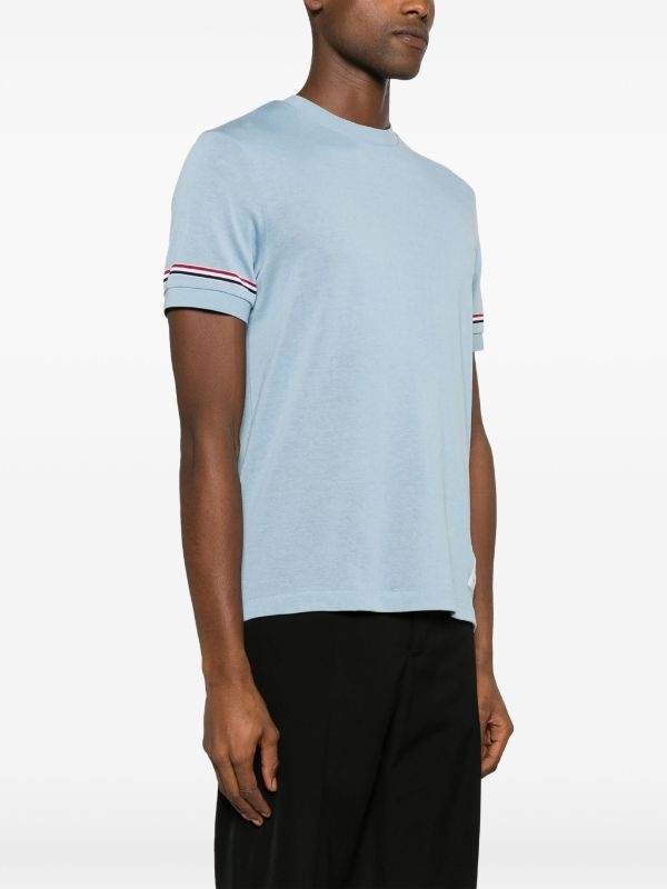 THOM BROWNE Men Short Sleeve Rib Cuff Tee In Light Weight Cotton Knit W/Rwb Stripe - 1