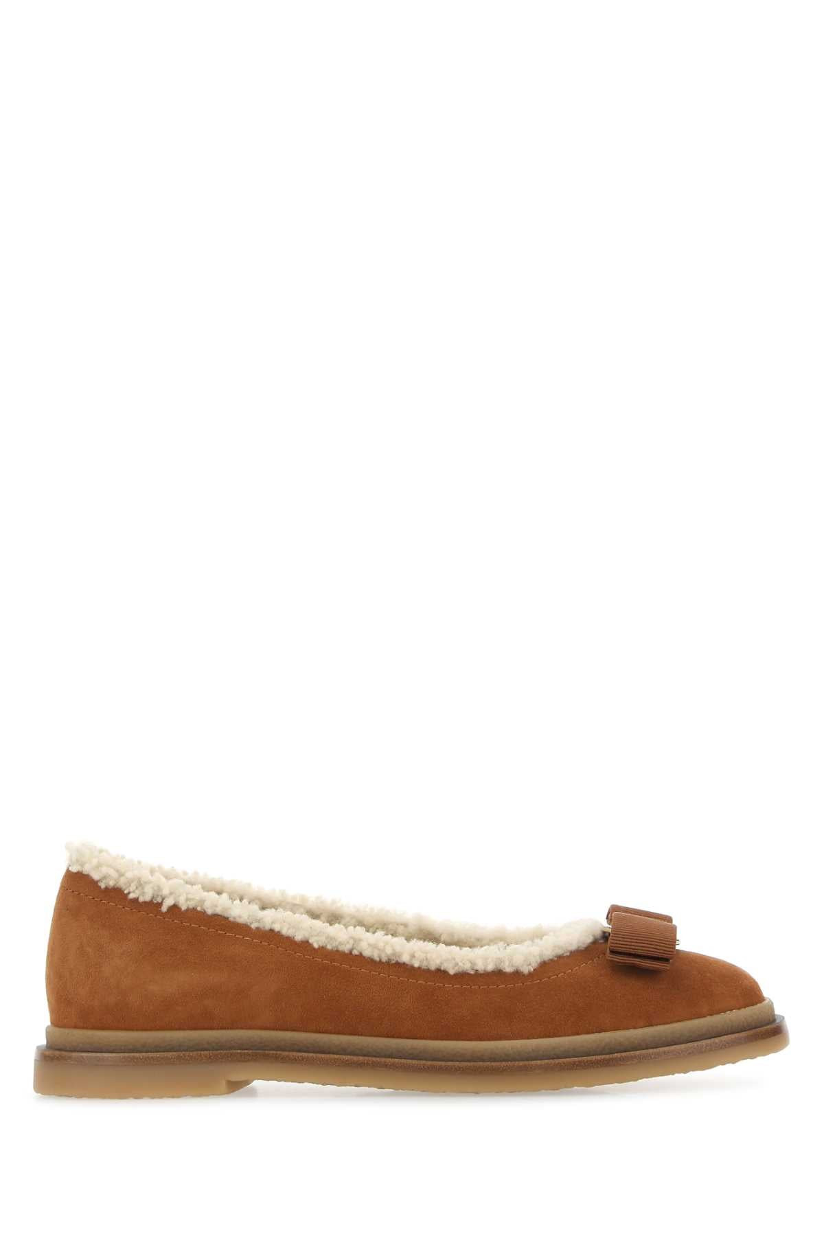 Salvatore Ferragamo Women Caramel Suede Ballerinas - 1