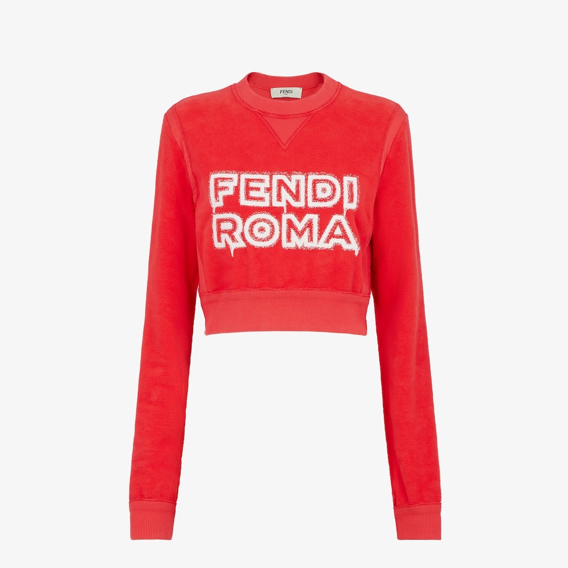 Long-sleeved cropped sweatshirt. Made of red jersey decorated with the Fendi Roma logo reinterpreted - 1