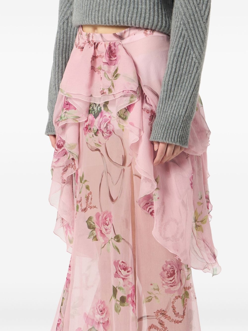 floral-print silk long skirt - 4