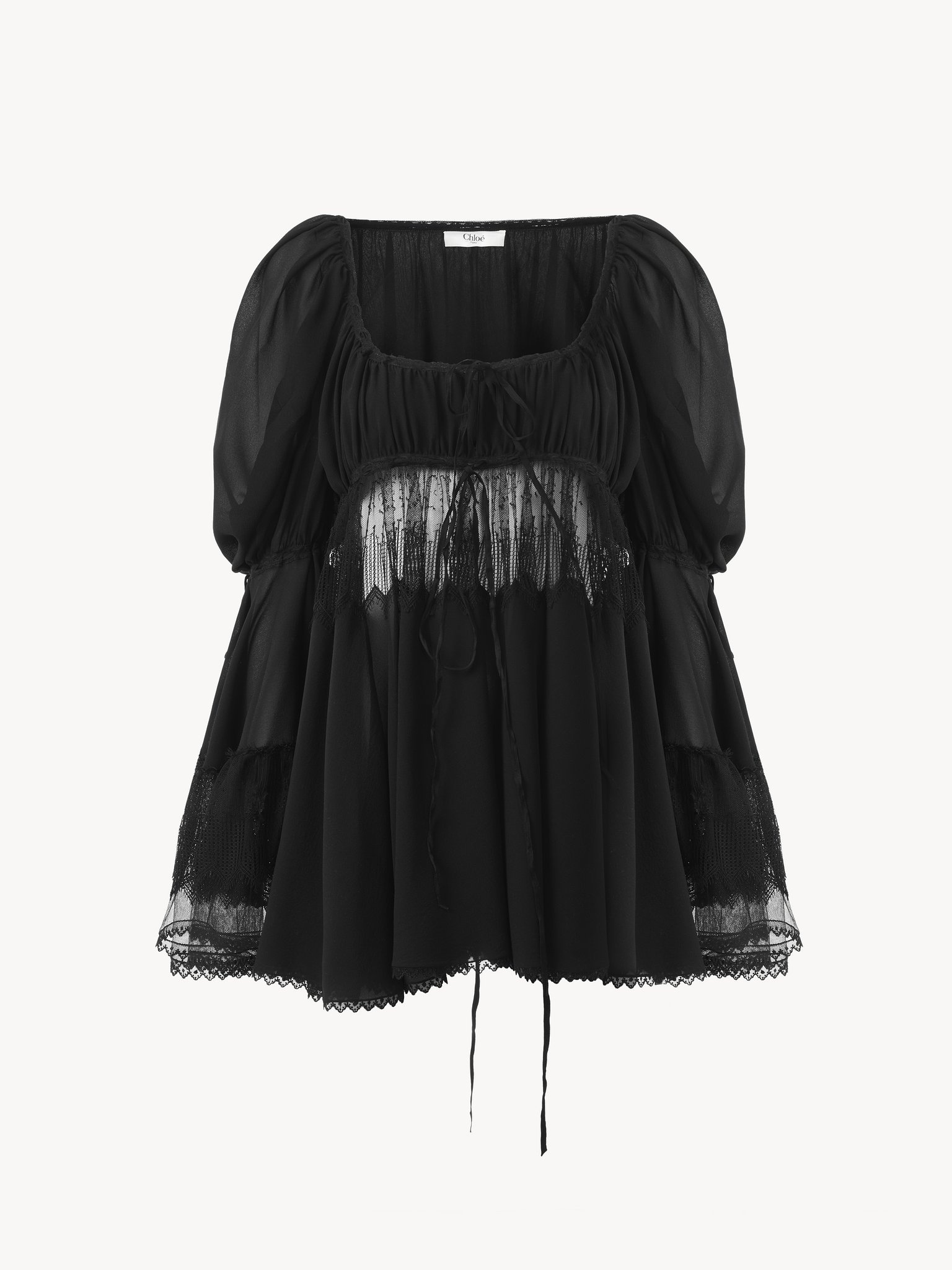 SCOOP-NECK PUFF-SLEEVE TOP IN SILK GEORGETTE & LACE - 2