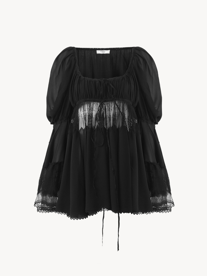 Chloé SCOOP-NECK PUFF-SLEEVE TOP IN SILK GEORGETTE & LACE outlook