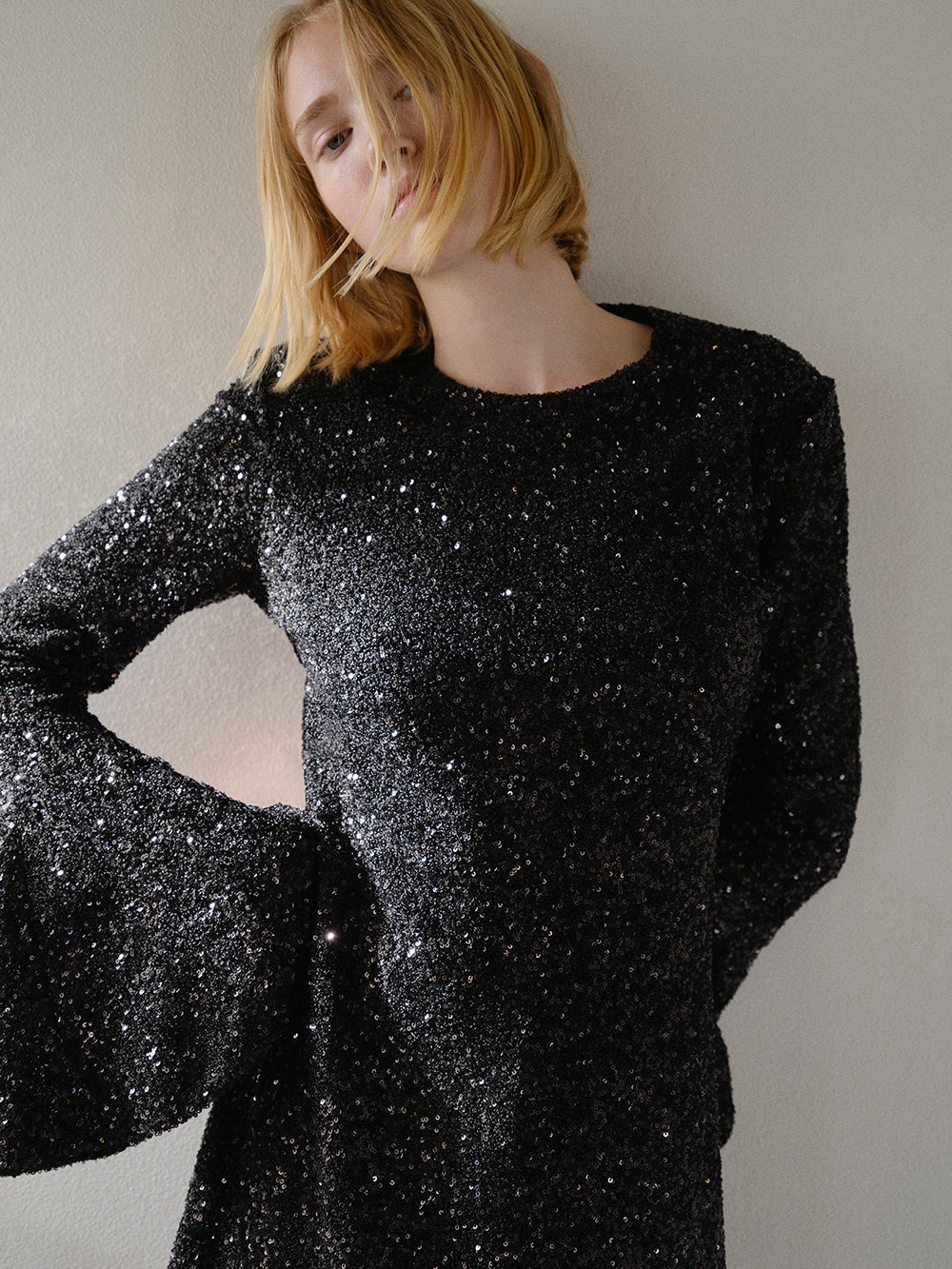 Sequin Flutter Sleeve Dress in Black - 2