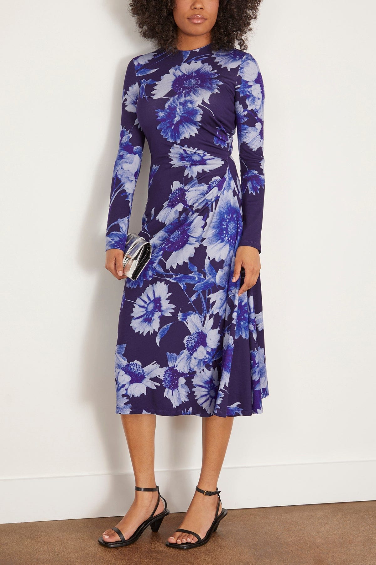 Long Sleeve Draped Midi Dress in Troubridge Floral Indigo - 2